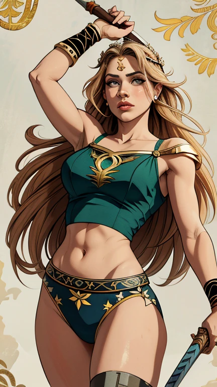 Una mujer guerrera parada sobre una colina con una espada y un escudo., mujer guerrera, guerrera, chica guerrera, una hermosa mujer guerrera, princesa guerrera, guerrero poderoso, beautiful guerrera, ancient warrior, diosa de la guerra, guerrera amazona griega, reina guerrera, guerrero espartano, reina del guerrero, pintura digital mito griego, north guerrera, barbarian mujer guerrera, Epic graphic novel wallpaper.