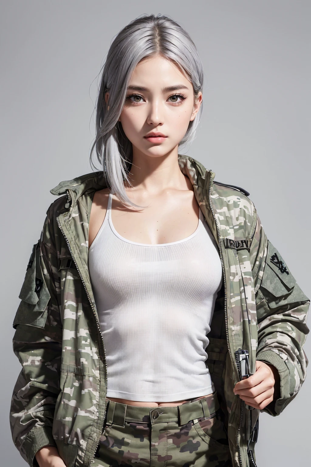 Realistic, masterpiece, highest quality, Highest Resolution, (Gray blank background:1.3), (1girl:1.3), Photographed from the waist up, 20-year-old, Sharp Eyes, glaring angrily, Slightly to the side, (Beautiful narrow eyes, (Iris:1.2), (Hidden eyelid wrinkles:1.2), Thin eyebrows, Draw eyelashes carefully, Natural Makeup, Mid-length hair, Silver Hair, Detailed face), (White tank top, Camouflage pattern cargo pants), (Military training equipment:1.3), (He puts the military jacket he is holding onto over his shoulders.:1.3)