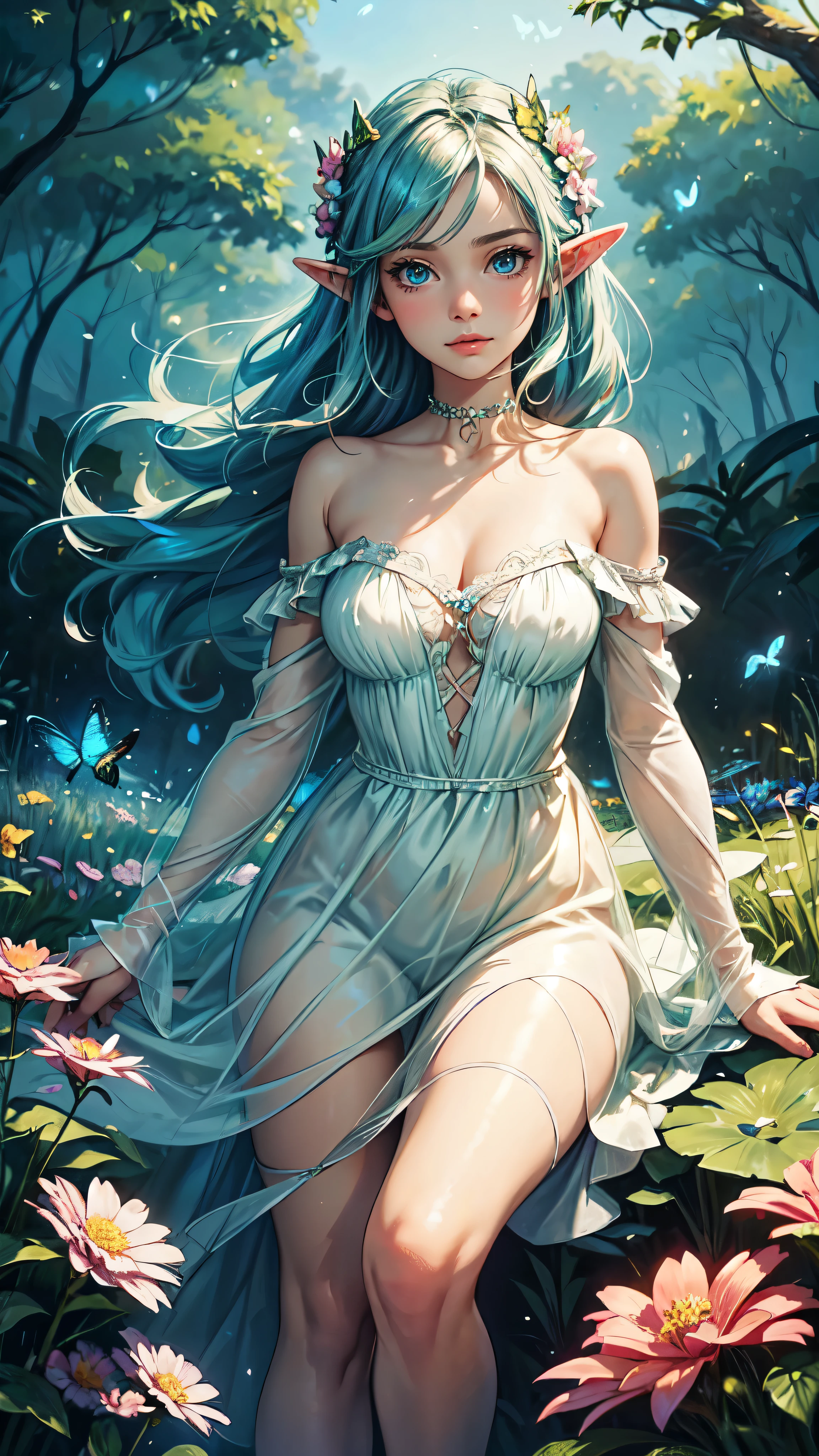1girl, solo, full body, (masterpiece:1.21), (best quality:1.2), colorful, (illustration:1.2), (cinematic lighting:1.1), (bare shoulders:1.21), (collarbone:1.21) in this whimsical A beautiful and dreamlike garden, the scene is illuminated by a rainbow (colorful fireflies) dancing in the air. Pastel (drizzle) adorns the garden, creating a hazy and ethereal atmosphere. In the center of the picture, stands a single girl, an extremely beautiful girl, with lovely facial features and an innocent expression. Her long hair fluttered in the wind. She wore a low-cut strapless dress that accentuated her curves. The lighting is very delicate and beautiful, creating a soft warm glow that accentuates the water and makes it sparkle like a diamond. The finest grasses are also illuminated to create a lush carpet. The garden is surrounded by colorful flower fields with flowers of all colors and shapes. Various colors and sizes (coloured erflies) can be seen flying around the scene, adding to the overall sense of wonder and magic. (Everyone, judges), a blush can be seen on the bridge of the nose, and the mouth is slightly opened, which adds to the overall sense of innocence and youth. Falling petals can be seen waving around her, adding to the overall sense of romance and beauty. The breeze is blowing, the leaves are rustling, and the flowers are swaying, adding to the overall dynamism and vitality. It is a scene of pure wonder and magic, full of color and beauty, where the viewer can lose themselves in this enchanting and captivating world., detailed face, detailed eyes, detailed hands, elf woman