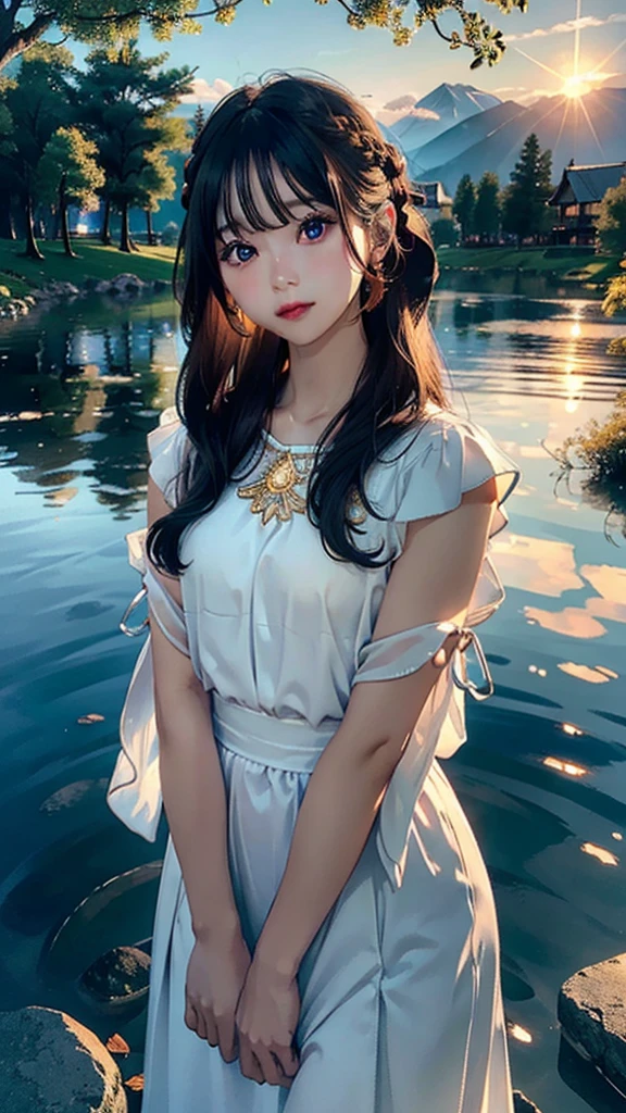 1 girl, serene expression, mesmerizing eyes, straight long hair, flowing dress, poised posture, porcelain skin, subtle blush, crystal pendant
BREAK
golden hour, (rim lighting):1.2, warm tones, sun flare, soft shadows, vibrant colors, painterly effect, dreamy atmosphere
BREAK
scenic lake, distant mountains, willow tree, calm water, reflection, sunlit clouds, peaceful ambiance, idyllic sunset, ultra detailed, official art, unity 8k wallpaper
, zentangle, mandala