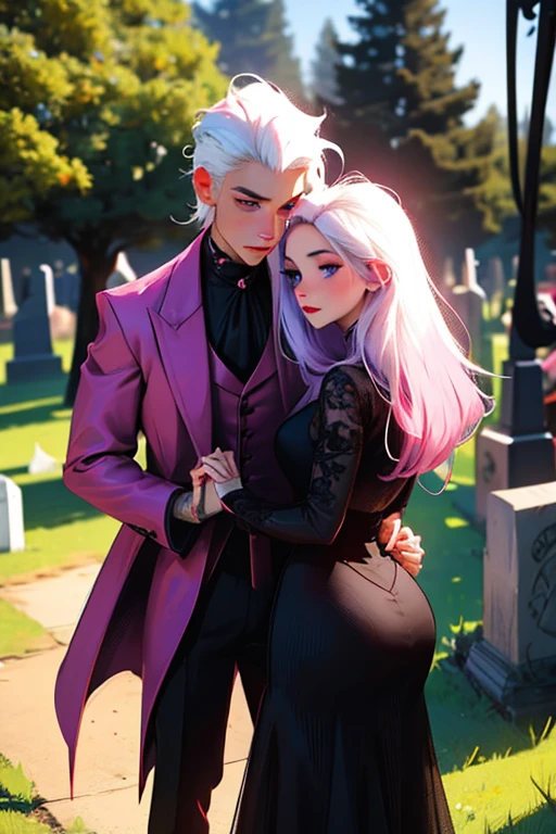 A pink haired woman with violet eyes with an hourglass figure in a Gothic ballgown is holding hands with a young white haired man with red eyes in a gothic suit in the cemetery