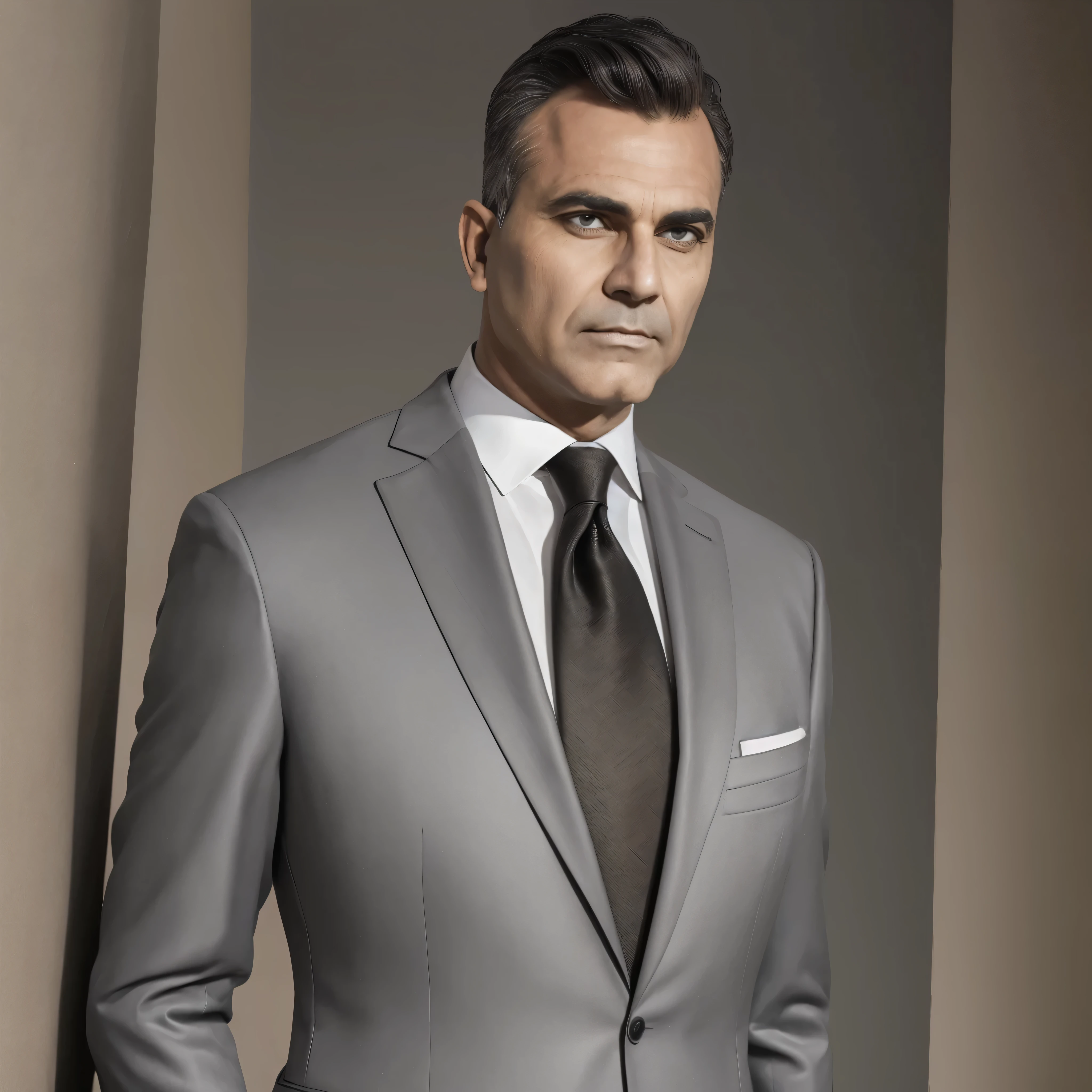 dpack2, perfect model, hyperreal, (8K), (extremely detailed), (best illustration), (detailed eyes), (best quality), (ultra-detailed), (masterpiece), (wallpaper), best dressed suited in grey colour, black tie, one-hour drawing challenge, (grey formal suit :1.3), looking at the audience, exquisite details, detailed faces, ,pureerosfaceace_ v1,
