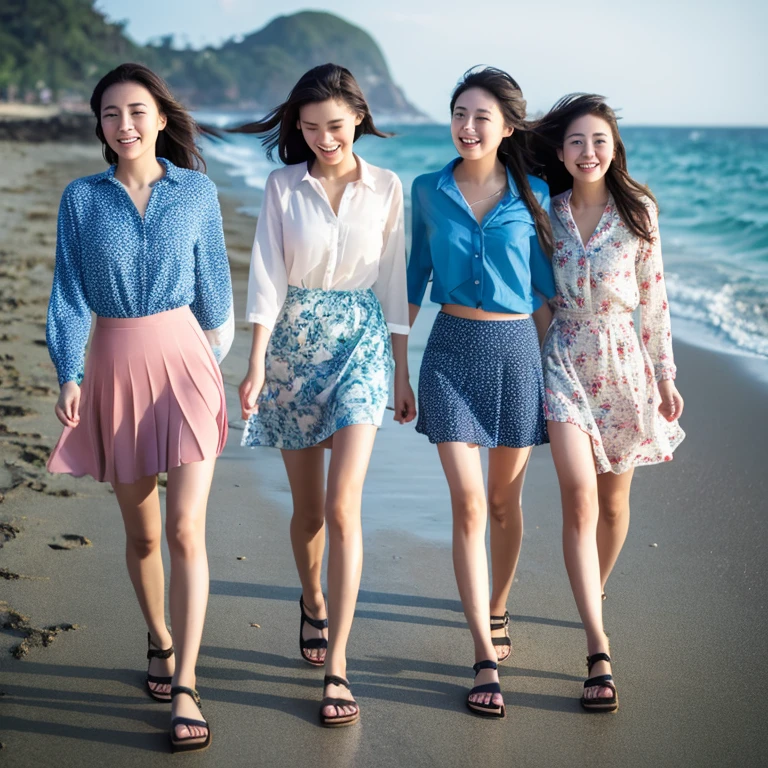 Photorealistic, 4k, let's put on our beach sandals and run out. The sound of the waves leads us to the sea. Three girls, 18 years old, outstanding proportions, printed shirts, skirts,afternoon、Asahi、