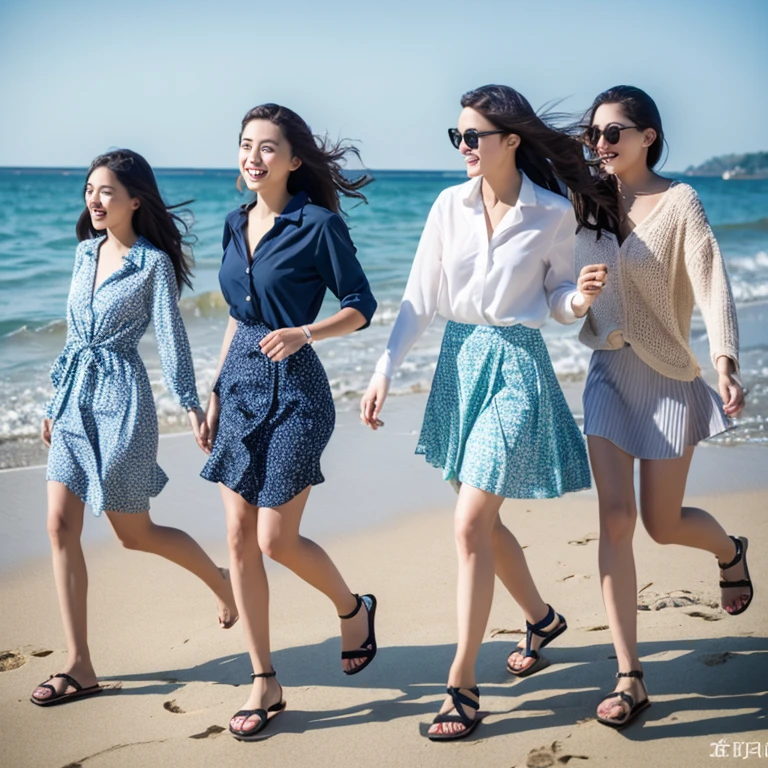 Photorealistic, 4k, let's put on our beach sandals and run out. The sound of the waves leads us to the sea. Three girls, 18 years old, outstanding proportions, printed shirts, skirts,afternoon、Asahi、