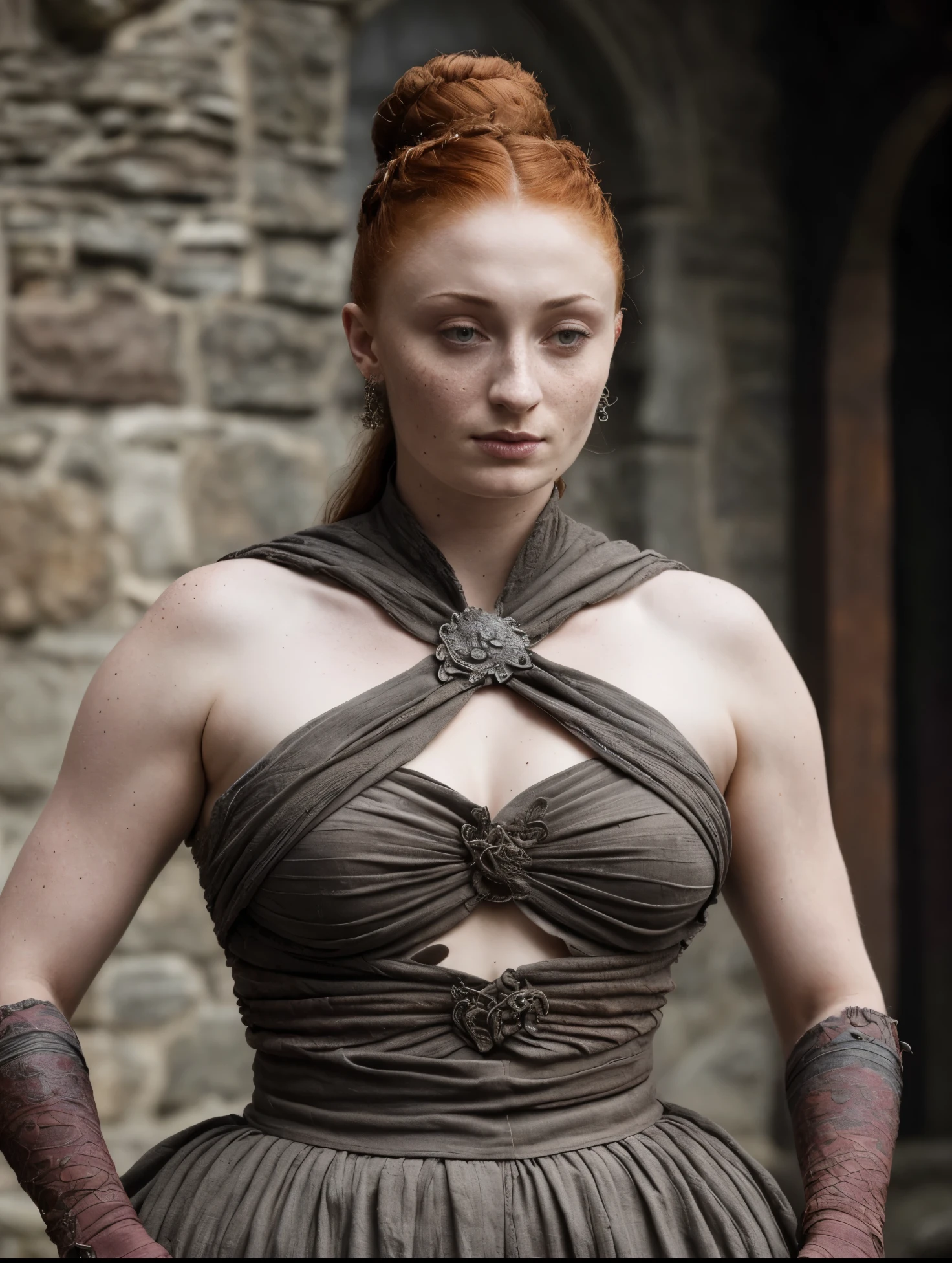 ( Photograph of Sophie Turner as hot sexy queen ) (random photo , full body shot, thick figure, fleshy body, tall woman ) Alayne Stone, Gorgeous Woman, Thick figure, bulky figure, fleshy body, juicy lips, insane details, high level of edits, Queen, queen lady, Lady of Winterfell, Wardeness of the North,) the de facto Lady of the Eyrie, 40 years Old, she  a Full growned mature lady now, beautiful mature lady, the queen, milf beauty, mature queen, a captivating woman, beautiful queen, empress, mediaeval queen, alluring appearance, unrivaled beauty, , mediaeval erotic costumes, a Game of Thrones-inspired costume, a close-up of a woman from the middle ages, scene from "Game of Throne," deep cleavage, warrior princess, healthy body, perfect thick body, attractive figure, fleshy body, style of "Game of Throne,", stunning woman, dress made of leather  clothe ( ( insanely detailed realistic skin texture, pores, wrinkles ,freckles) , realistic environment, detailed ultra realistic facial features perfect body parts, ( hyper photorealistic) )