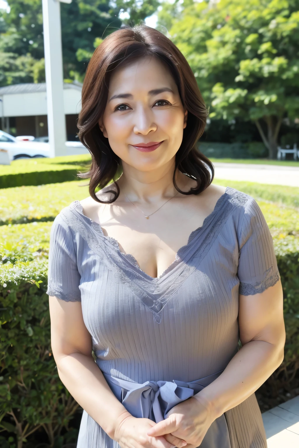 A close up of a woman in a dress standing in front of a bush - SeaArt AI