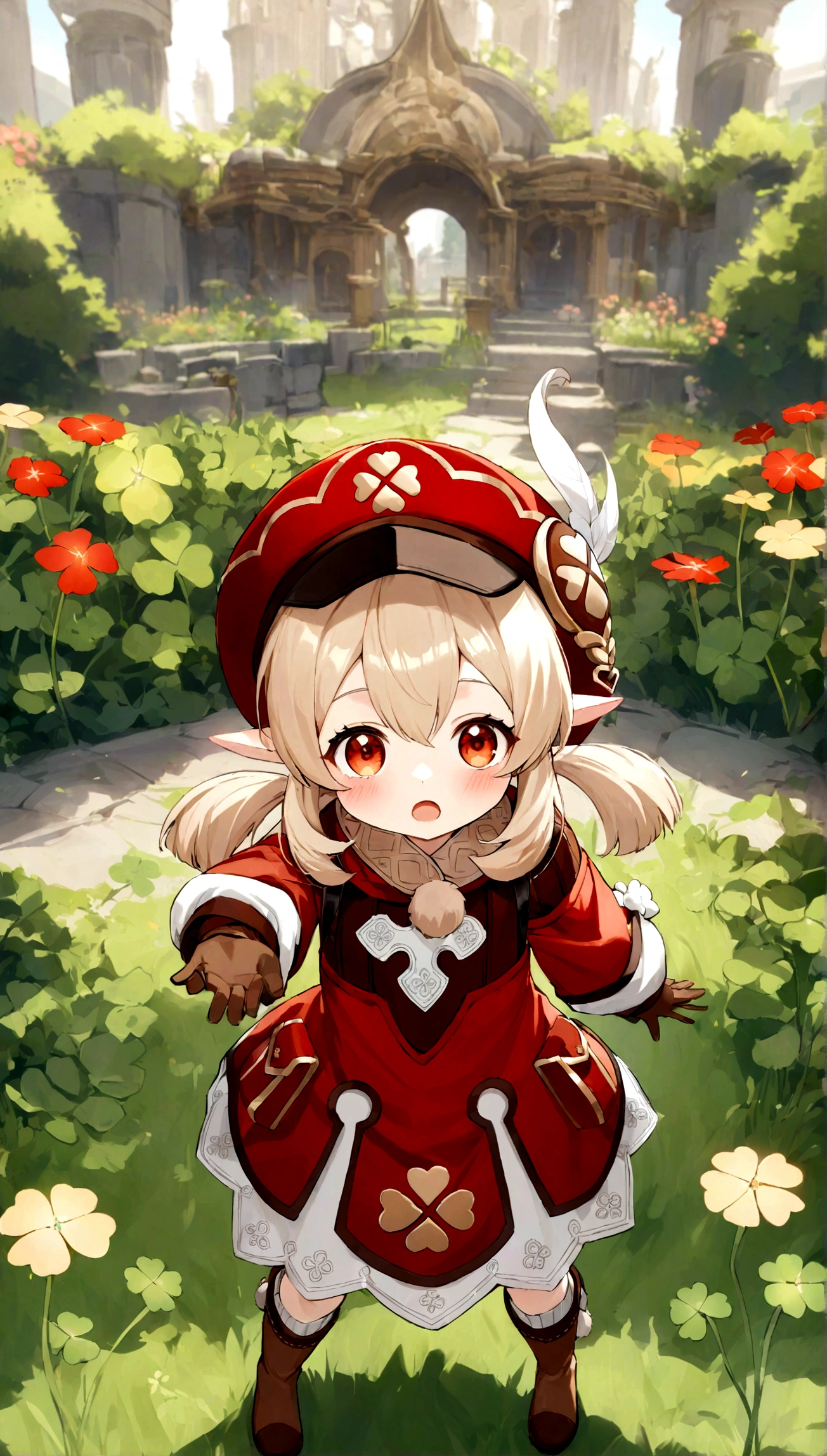 masterpiece, best quality, very aesthetic, absurdres, floating hair, floating clothes, Epic and grandiose scenes,,klee_(genshin_impact), genshin_impact,1girl, ahoge, ankle_boots, bandaid, blonde_hair, bloomers, boots, brown_footwear, brown_gloves, cabbie_hat, child, clover, clover_print, dress, flower, four-leaf_clover, gloves, gold_trim, hair_between_eyes, hat, kneehighs, light_blush, long_sleeves, low_twintails, medium_hair,pocket, pointy_ears, pom_pom_(clothes), puffy_long_sleeves, puffy_sleeves, red_dress, red_hat, sidelocks, white_socks,,in garden