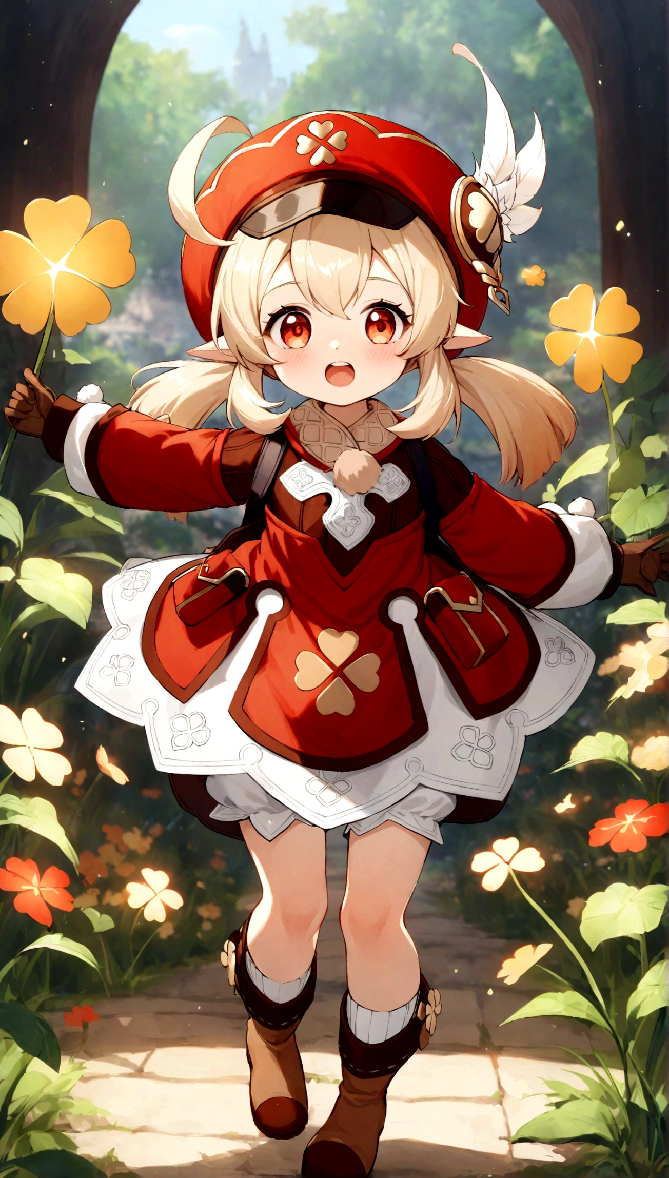 masterpiece, best quality, very aesthetic, absurdres, floating hair, floating clothes, Epic and grandiose scenes,,klee_(genshin_impact), genshin_impact,1girl, ahoge, ankle_boots, bandaid, blonde_hair, bloomers, boots, brown_footwear, brown_gloves, cabbie_hat, child, clover, clover_print, dress, flower, four-leaf_clover, gloves, gold_trim, hair_between_eyes, hat, kneehighs, light_blush, long_sleeves, low_twintails, medium_hair,pocket, pointy_ears, pom_pom_(clothes), puffy_long_sleeves, puffy_sleeves, red_dress, red_hat, sidelocks, white_socks,,in garden