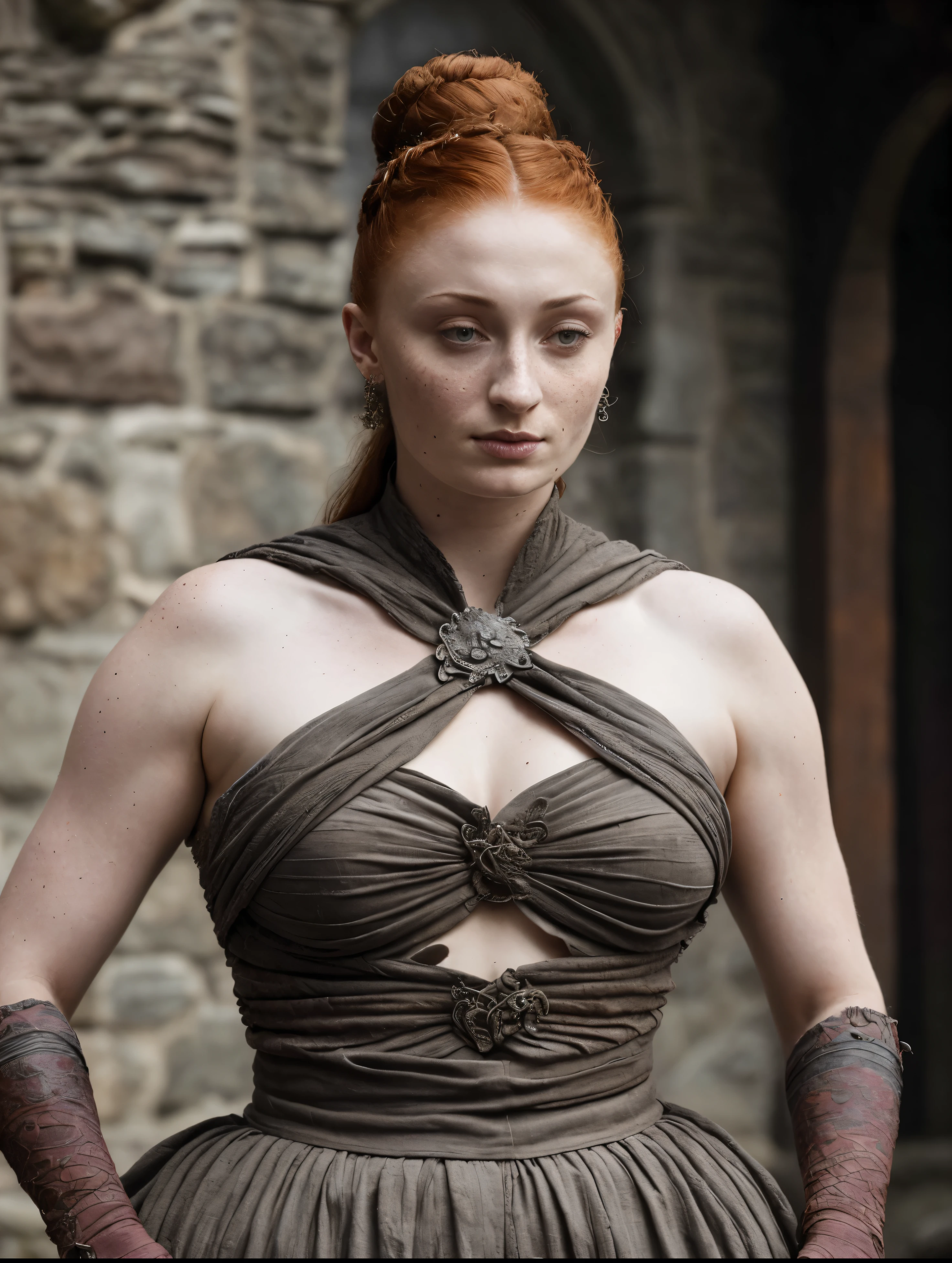 ( Photograph of Sophie Turner as hot sexy queen ) (random photo , full body shot, thick figure, fleshy body, tall woman ) Alayne Stone, Gorgeous Woman, Thick figure, bulky figure, fleshy body, juicy lips, insane details, high level of edits, Queen, queen lady, Lady of Winterfell, Wardeness of the North,) the de facto Lady of the Eyrie, 40 years Old, she  a Full growned mature lady now, beautiful mature lady, the queen, milf beauty, mature queen, a captivating woman, beautiful queen, empress, mediaeval queen, alluring appearance, unrivaled beauty, , mediaeval erotic costumes, a Game of Thrones-inspired costume, a close-up of a woman from the middle ages, scene from "Game of Throne," deep cleavage, warrior princess, healthy body, perfect thick body, attractive figure, fleshy body, style of "Game of Throne,", stunning woman, dress made of leather  clothe ( ( insanely detailed realistic skin texture, pores, wrinkles ,freckles) , realistic environment, detailed ultra realistic facial features perfect body parts, ( hyper photorealistic) )