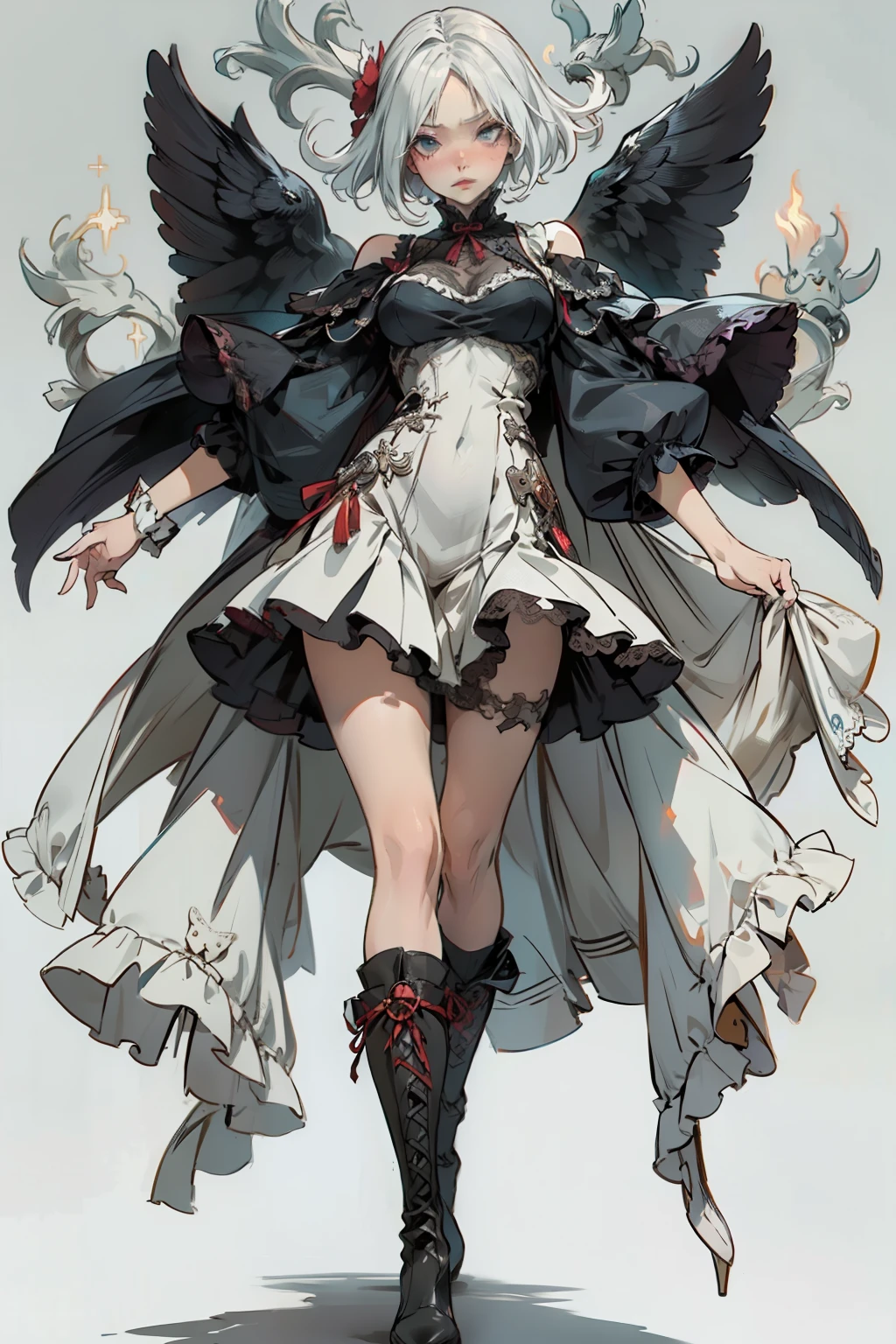 (((masutepiece, of the highest quality, super detailed))), a knight, white background, plain background, Bloodborne inspired, Bloodborne, occult aesthetic, occult, NSFW, red and white clothing detailed and intricate steampunk and detailed gothic, NSFW, Complex mechanical boots above the knee, Fluttering lace flared mini skirt, Fluttering lace flared long knee length dress with frilly petticoats, knee length dress, pleated petticoats, petticoats gothic, complex lace boots, NSFW, beautiful small breasts, Silver hair swaying in the wind, Emitting a dazzling light in a mandala pattern, white background, Very dramatic and cinematic lighting, red and white clothing, full body, whole body, body, cosmic horror