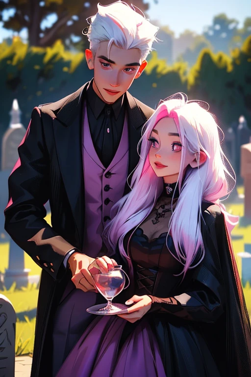 A pink haired woman with violet eyes with an hourglass figure in a Gothic ballgown is holding hands with a young white haired man with red eyes in a gothic suit in the cemetery with a big smile