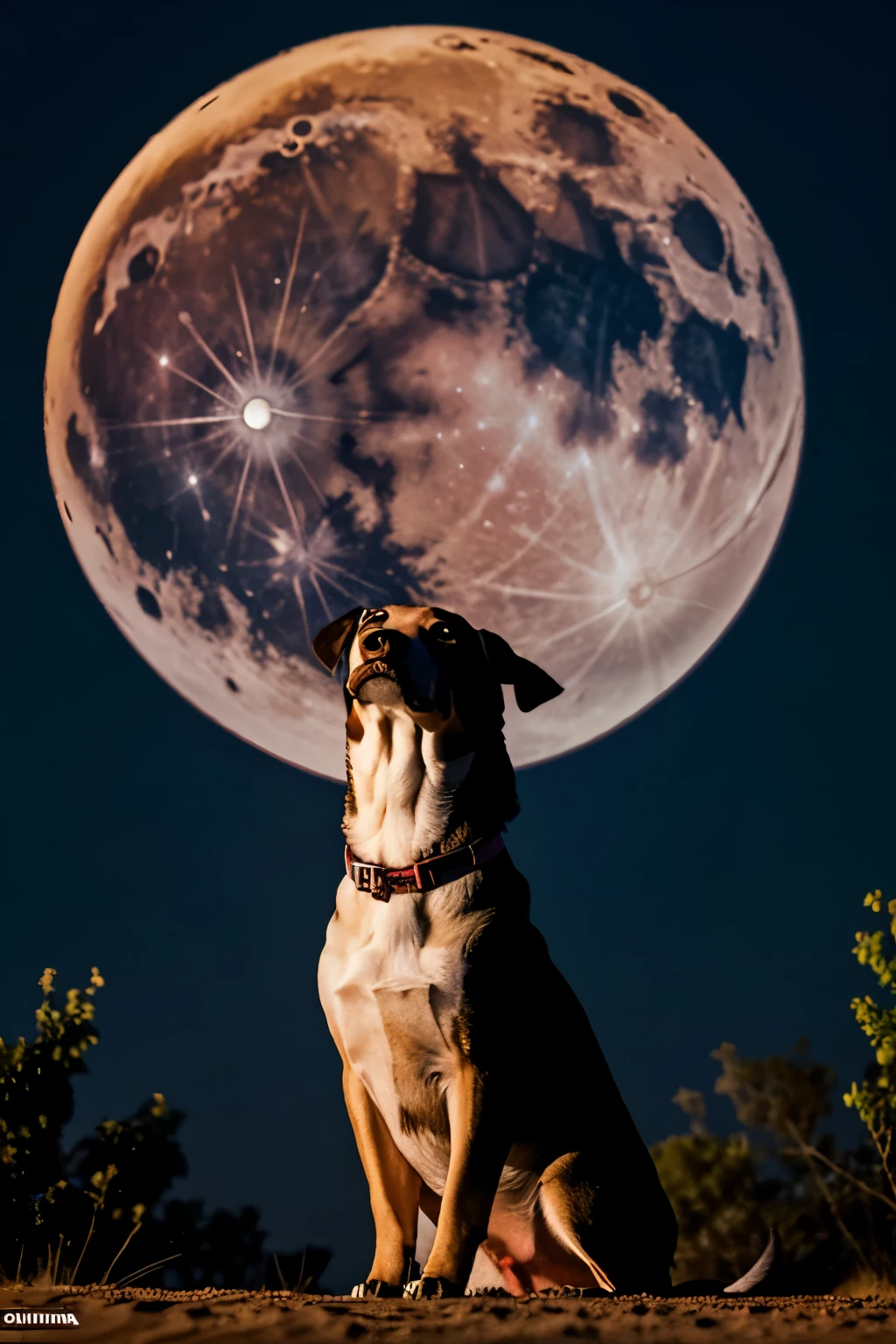 Crear foto de perra salchicha frente a la luna con frase emotiva eterna