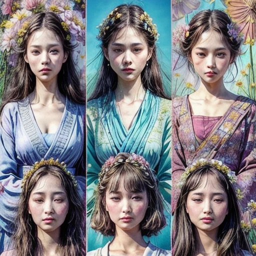 (Only faces and flowers in composition:1.5), (masterpiece, top quality, Surrealism, concept art, beautiful and aesthetic:1.2), (3 girls), (((Extremely detailed NOGIZAKA face variations))), All Faces surrounded by flowers, Ultra-detailed,(colorful:1.1),(Dancing petals:1.2), (Dazzling Self-Luminous floral background:1.4), (Radiant PearlSkin, Elaborate detailed Eyes with sparkling highlights), (many colors:1.4), (Space Filled with all flowers), (Everything except faces covered with fresh flowers:1.5), (not visible bodys), (body:-1) .
