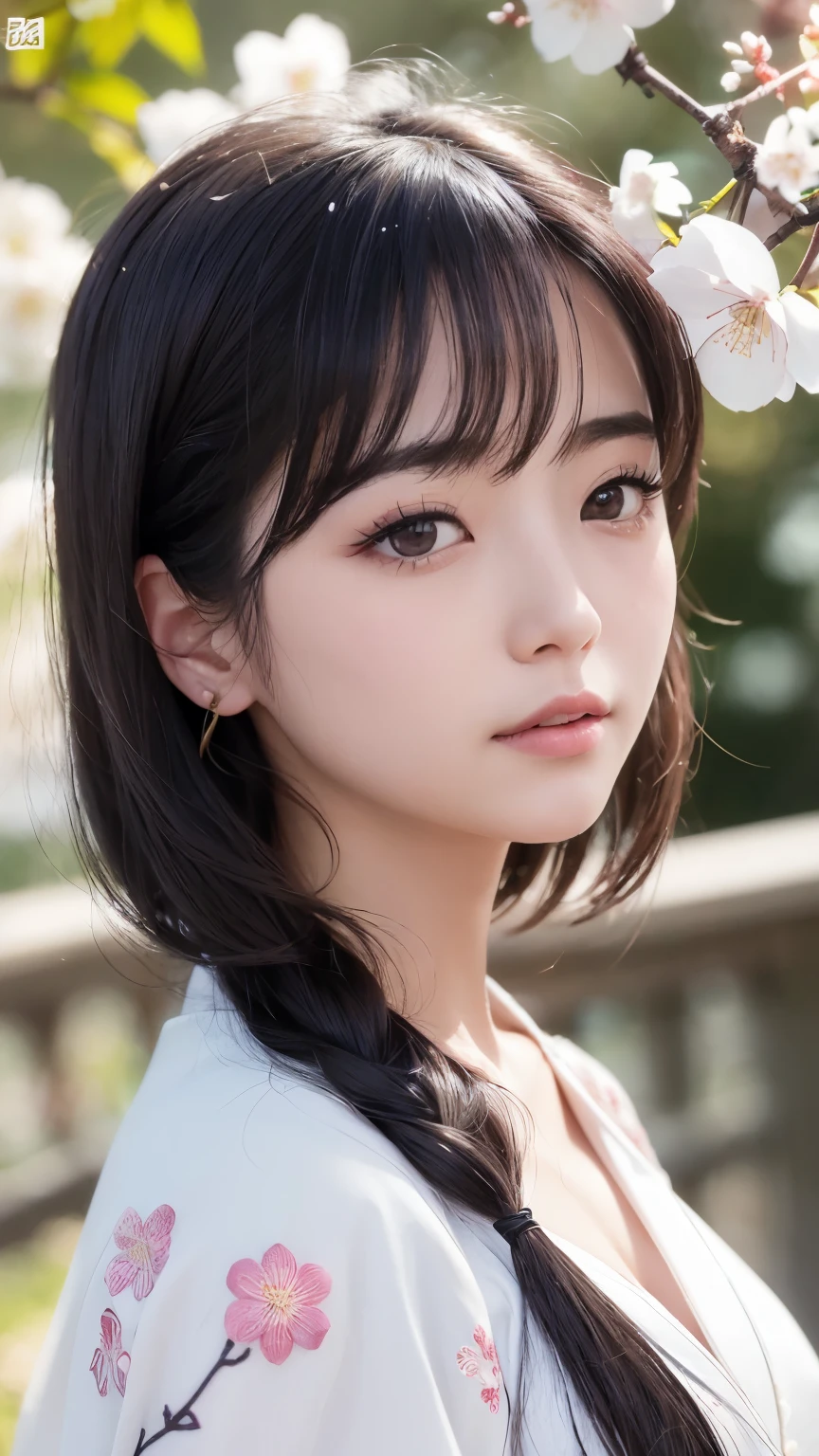 (logo、masterpiece、8k、Tabletop、RAW Photos、wonderful、最high quality、Realistic、Very detailed CG 統合 8k 壁紙、high quality、Very detailed、Narrative poem、Particle Effects、Dynamic Effects、Written boundary depth、Cinematic Light、Lens flare、Ray Tracing)、Fantasy、 (1 Beauty、White kimono、Japanese Clothing、White cherry blossom pattern、White cherry blossom embroidery pattern、Black-haired、Beautiful Face、True Face、Beautiful details in the eyes、Beautiful Skin)、Hair flutters in Wind、Hair bounces、Pink cherry blossom tree、Petals flutter、SakuraFubuki、wonderful景色、Morning Glow、Sun in the background、Wind、god々、teeth、god話、Vast land、