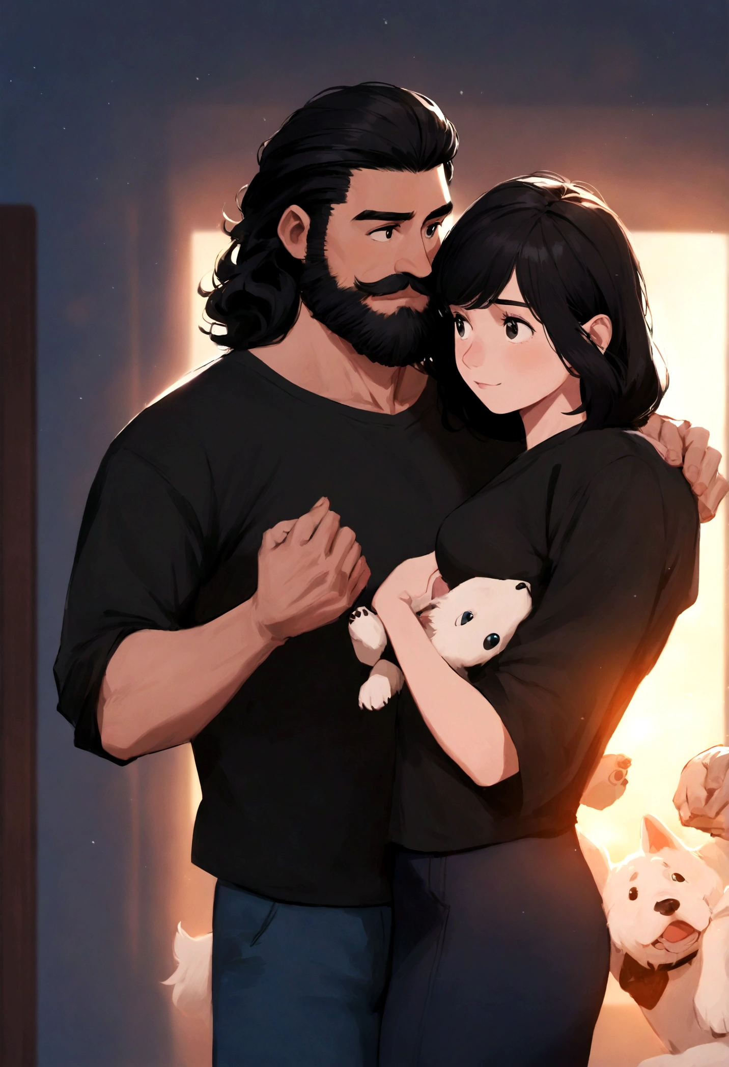 A young couple carrying two white dogs. The man has a beard and mustache and is dressed casually in a black t-shirt, while the woman has long black hair and a matching dark top in the Disney Pixar style, high quality, best quality.