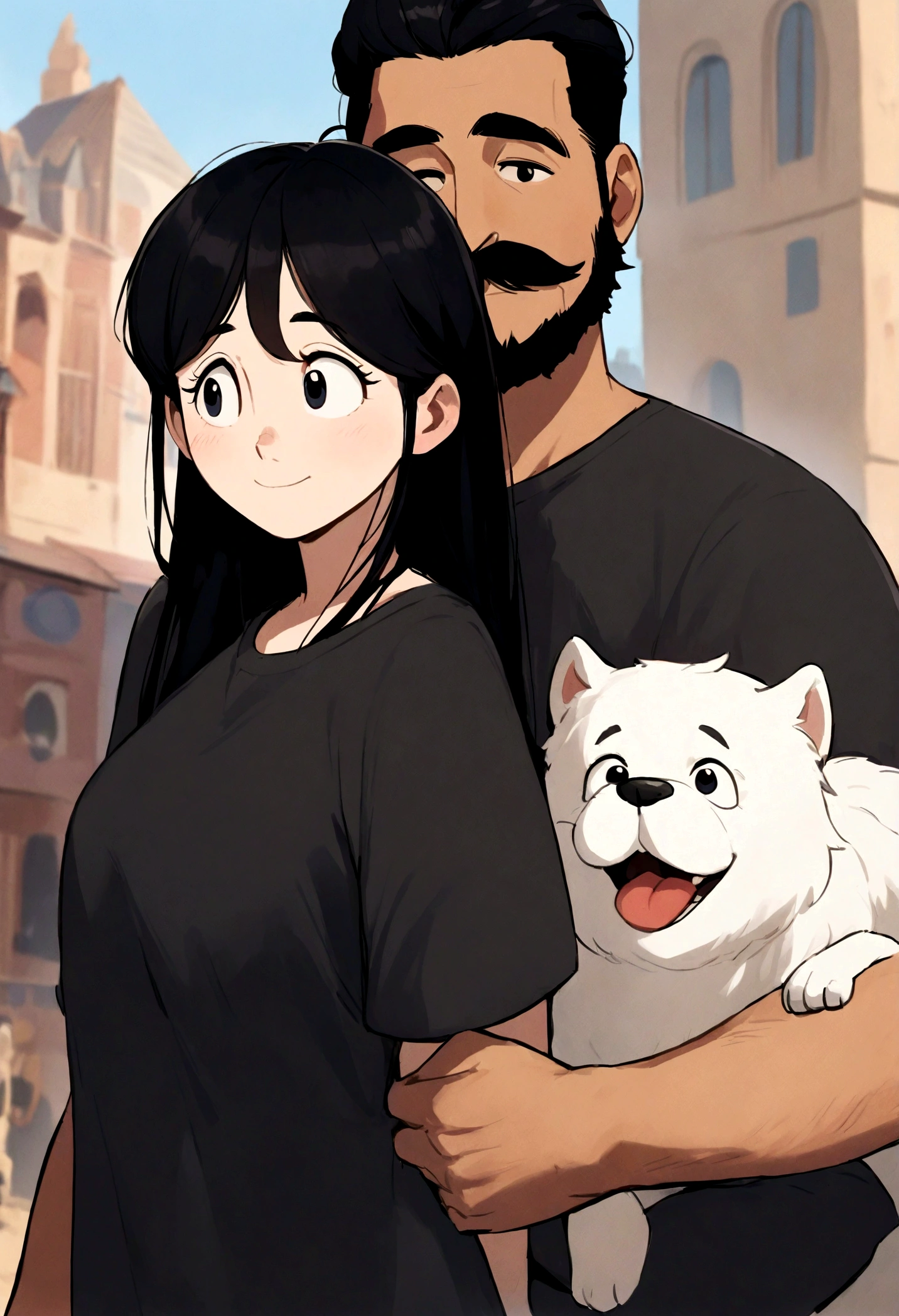 A young couple carrying two white dogs. The man has a beard and mustache and is dressed casually in a black t-shirt, while the woman has long black hair and a matching dark top in the Disney Pixar style, high quality, best quality.