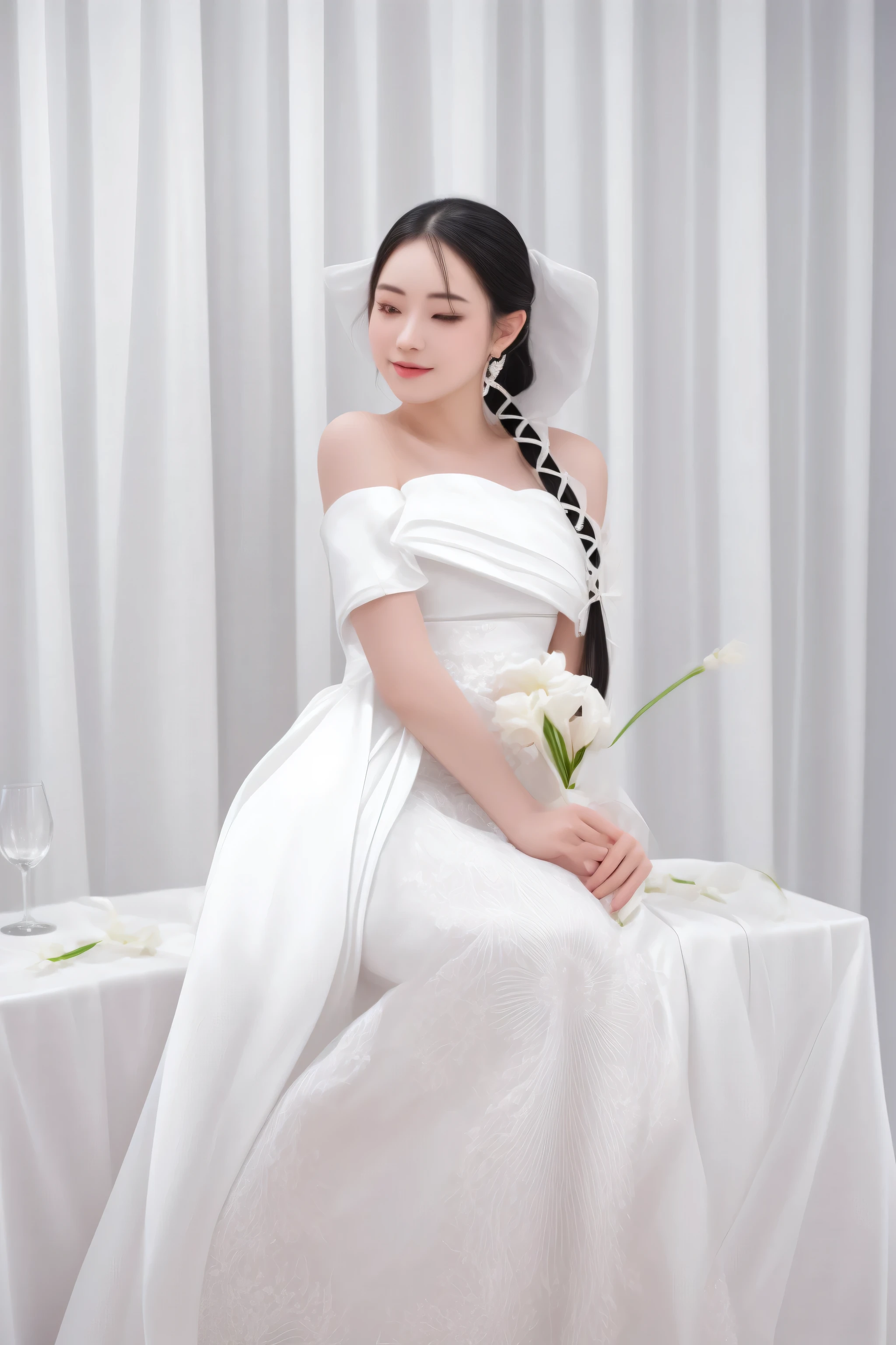 there is a woman in a white dress sitting on a table, ao dai, wearing a wedding dress, wearing long gown, white hanfu, portrait shot, a beautiful woman in white, white gown, jia, in style of lam manh, cheongsam, korean woman, bride, bao phan, wedding, traditional chinese, inspired by Dai Xi