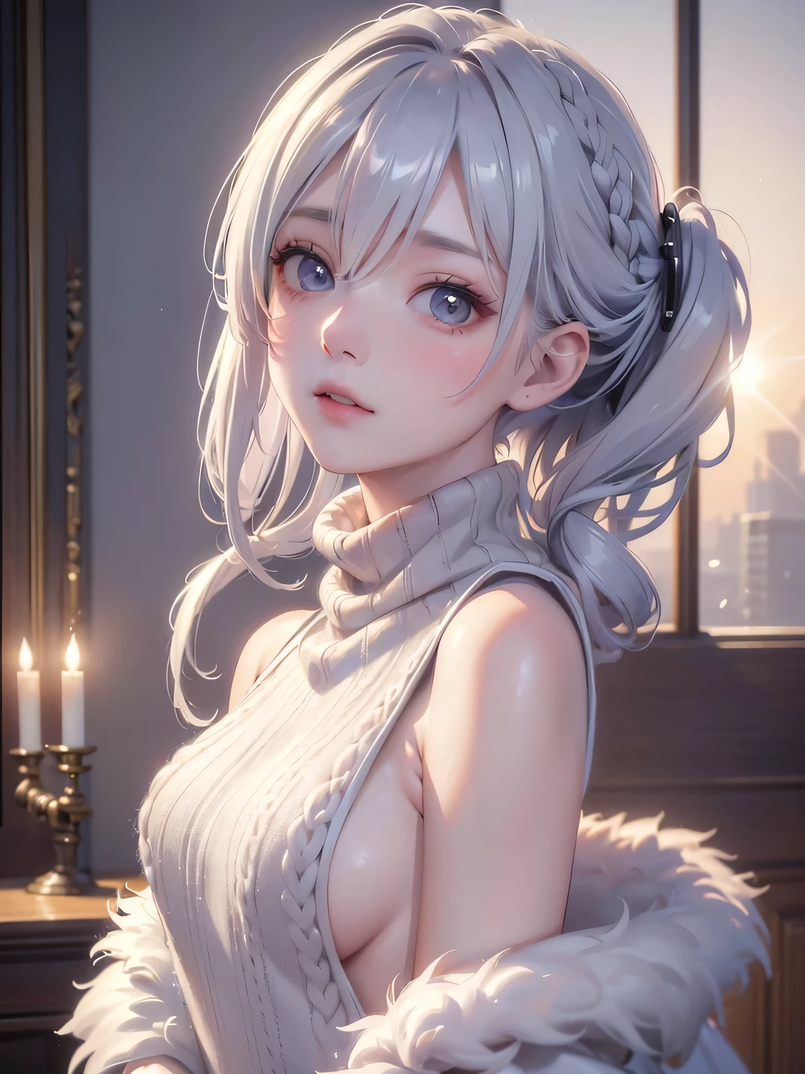 (Upper body portrait:1.5)((masterpiece:1.5、8k、Portraiture、Photorealistic and very detailed CG、Very detailed、Particle Effects、Dynamic Effects、Written boundary depth、Cinematic Light、Lens flare、Ray Tracing、Tabletop、Realistic:1.4、超A high resolution:1.2、Realistic、Realistic))((alone、Sleeveless,Over a knitted turtleneck sweater、Woman in fur coat:1.4、sideboob, Elegant woman posing、Detailed face、brightexpression、young, bright, Whiter skin、small beauty breasts、Best Looks、Ultimate beauty、Shiny silver hair with highlights、Bright and shiny hair,、Modern Hairstyles、Hair dancing in the wind))(At dusk、winter castle、Light reflects)