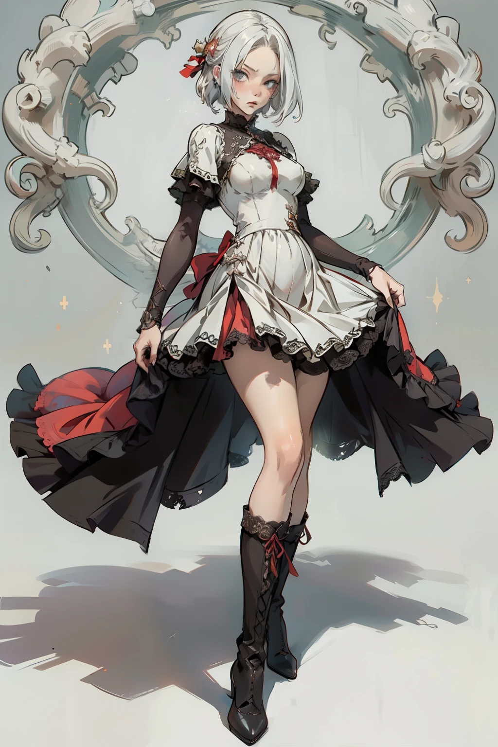 ((best quality)), ((masterpiece)), (detailed), a penitent female, blank white background, plain background, white background, red and white clothing, Bloodborne aesthetic, occult aesthetic, occult, occult paraphernalia, detailed and intricate steampunk and detailed gothic, NSFW, Very dramatic and cinematic lighting, cosmic horror, grim-dark, side-lighting, perfect face, NSFW, Fluttering lace flared dress with frilly petticoats, pleated petticoats, petticoats, complex lace boots, side-lighting, gothic aesthetic, chains, mechanical components, carbine, NSFW, beautiful small breasts, small breasts, full body, whole body, body, plain background, white background, blank background, no background, white background NSFW, full body, whole body, head-to-toe dynamic poses NSFW