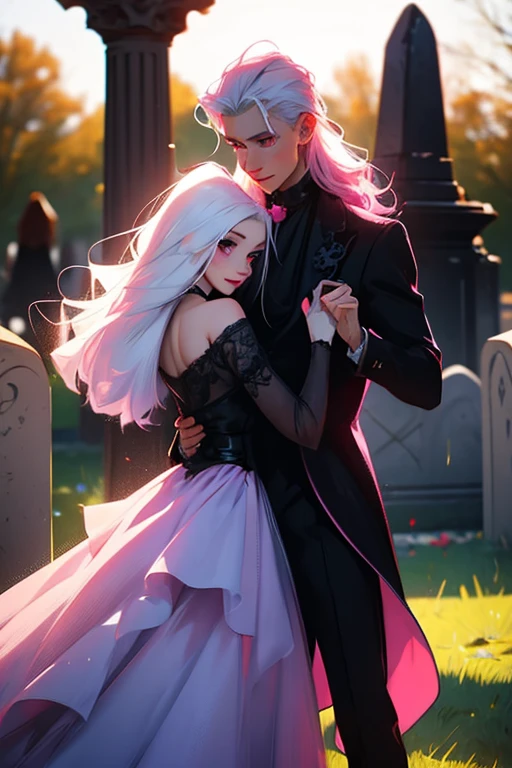 A pink haired woman with violet eyes with an hourglass figure in a Gothic ballgown is dancing with a young white haired man with red eyes in a gothic suit in the cemetery with a big smile