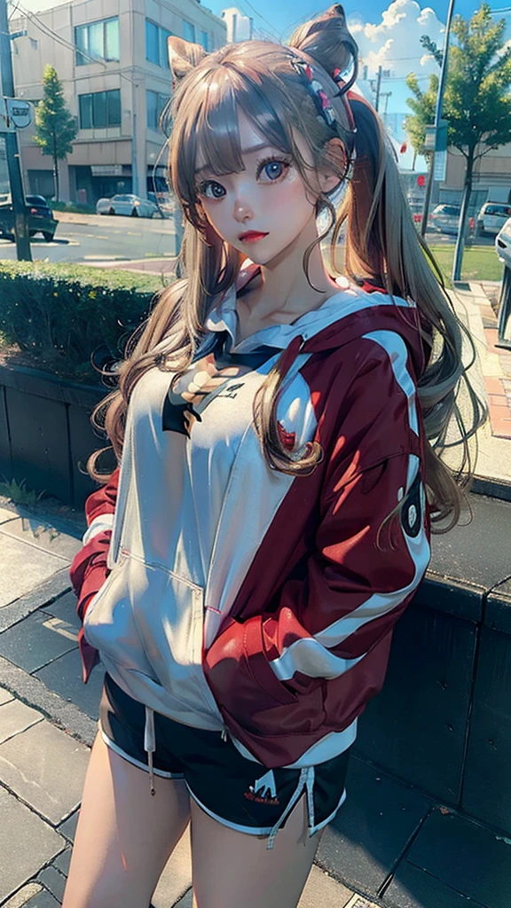 (((masterpiece))), HD 4k res image, no blur, Ann Takamaki, innocent, outdoor, wearing oversized hoodie and shorts
