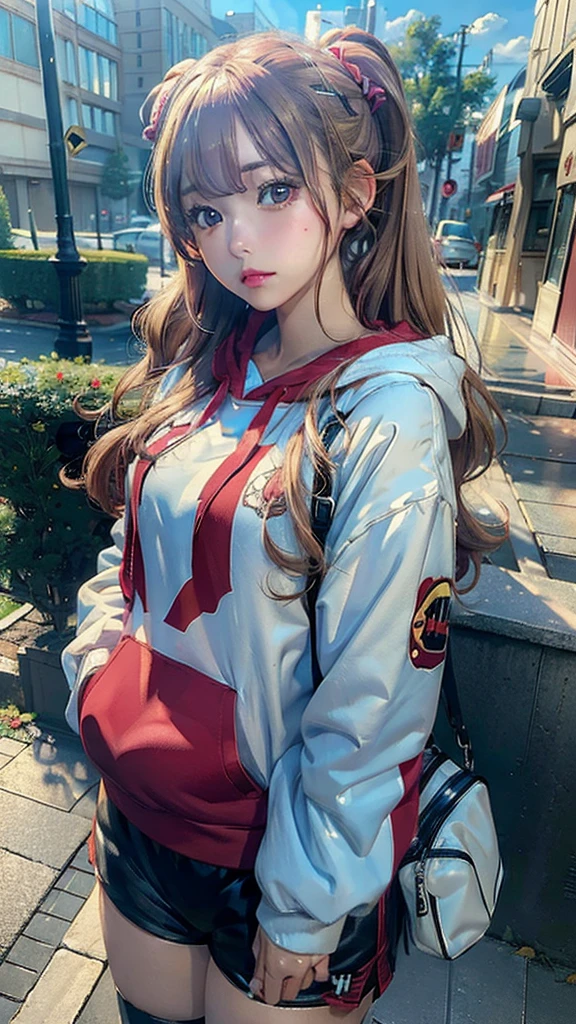 (((masterpiece))), HD 4k res image, no blur, Ann Takamaki, innocent, outdoor, wearing oversized hoodie and shorts