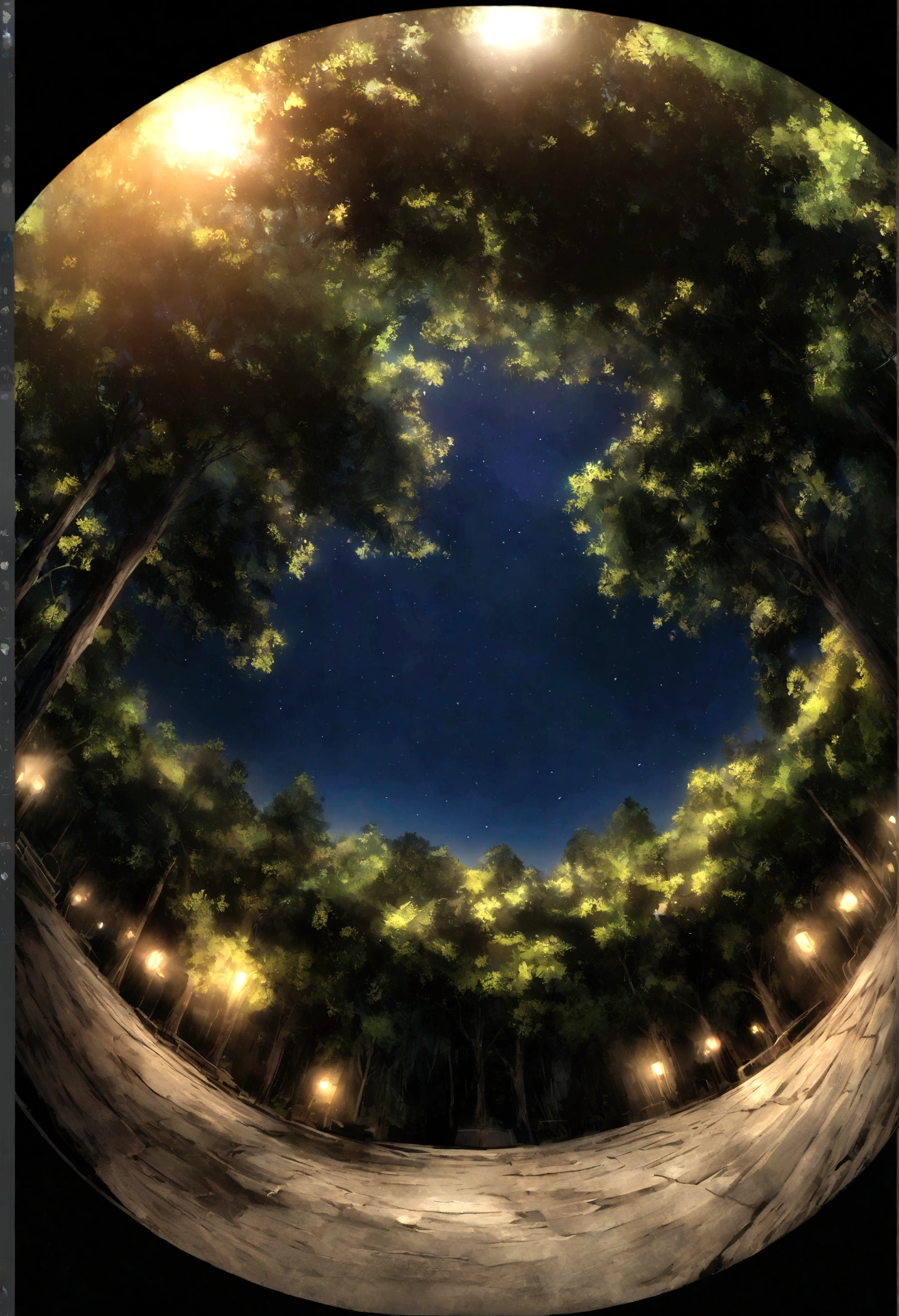 Closed forest environment background at night. Fisheye camera. Glibli studio style and MIR studio