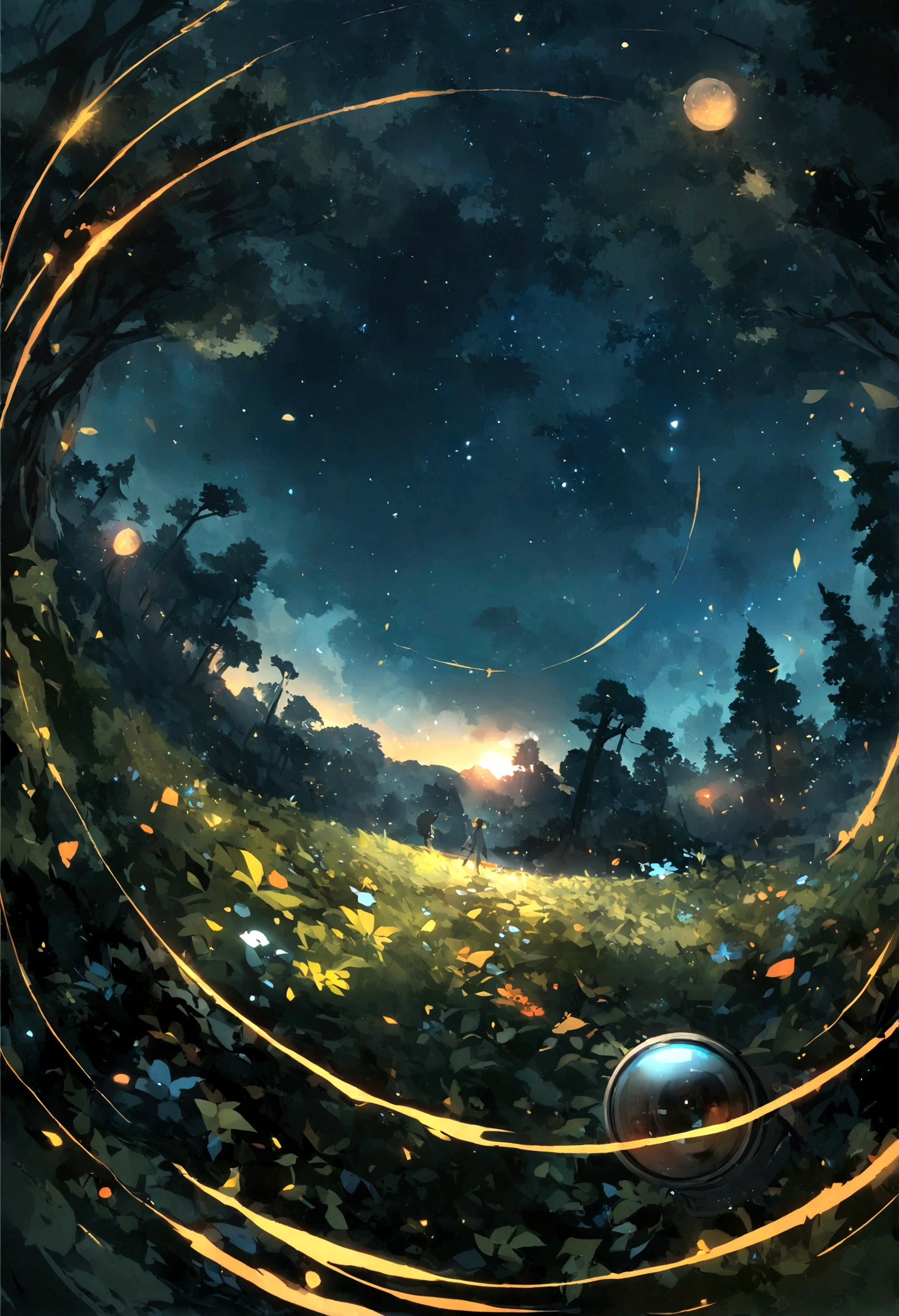 Closed forest environment background at night. Fisheye camera. Glibli studio style and MIR studio