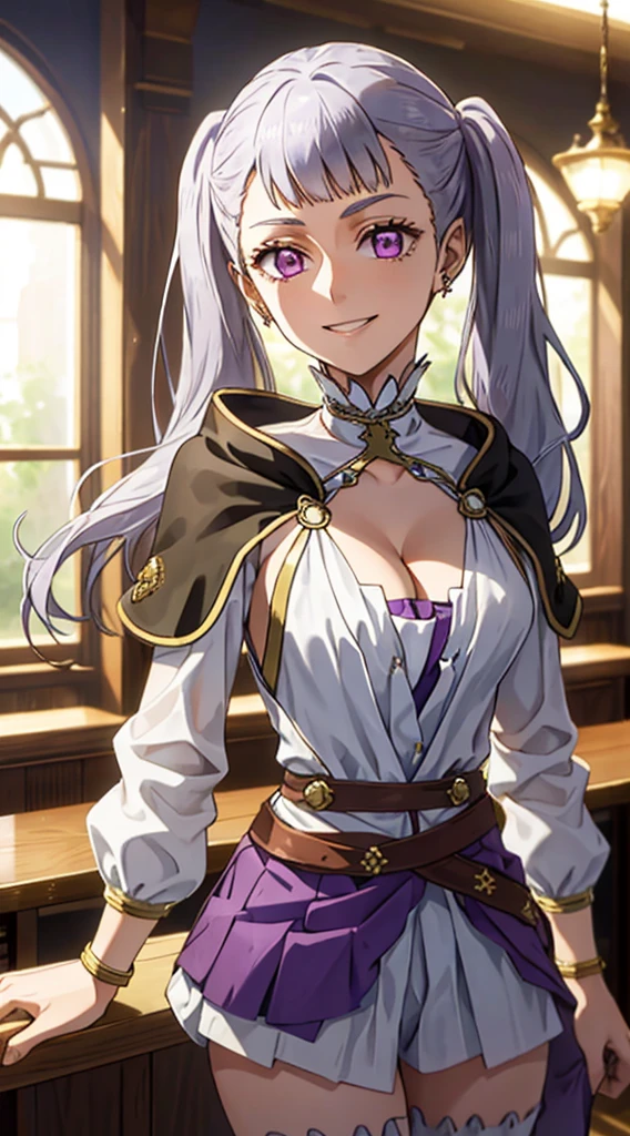 1girl, cowboy shot, beautiful noelle_silva,long hair ,twintails, bangs, earring,jewelry, silver hair,purple eyes, mage_dress,white dress, cleavage, capelet,long sleeves, water, medium breast ,smile,room,indoors, front light, volumetric lighting, best quality, masterpiece, intricate details, tonemapping, sharp focus, hyper detailed, are dacing in a bar with other girl