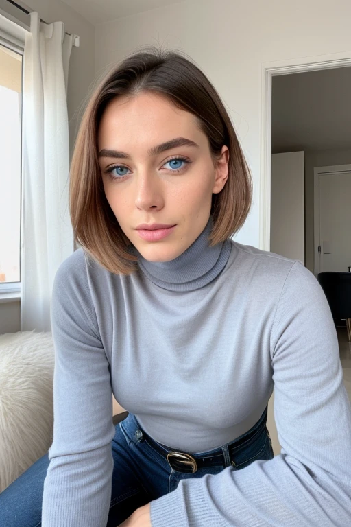 beautiful man of 27 years old with blue eyes, very feminine, androgynous, femboy, looking directly at the camera, with a natural makeup,  very realistic, instagram selfie, at home, big breasts, tight turtle-neck tucked into high-waist jeans, film grain, trans