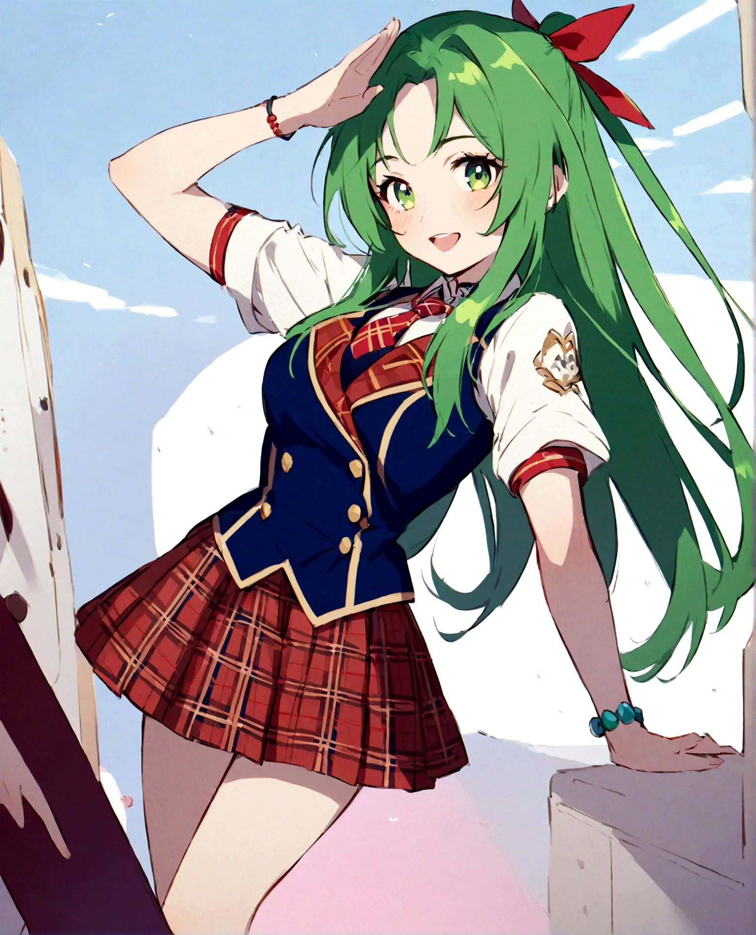 One girl, alone, ShionSW, green hair, long hair, green eyes, hair ribbon, looking at viewer, skirt, jewelry, necktie, vest, bracelet, plaid, cosplay, plaid skirt, salute