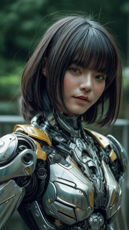 Science fiction, foto realista, cara de cerca, 1 mechanical girl, mechanical parts, cara mecanica, cara muy detallada, ojo mecanico, Some of the elements of the skin are mechanical., cyber, marioneta, geisha androide, vistiendo ropa tradicional japonesa y una sombrilla, elegant mix of japanese woman and mechanical robot, japanese geisha androide, ropa tradicional de geisha, belleza mecanica geisha, peinado de geisha, Portrait of a mechanical geisha., mechanical parts, cara mecanica, manos mecanicas, visible mechanical element (cuerpo mecanico,brazos mecanicos :1.4), rostro primer plano disparo profundidad de campo, film grain, foto cruda