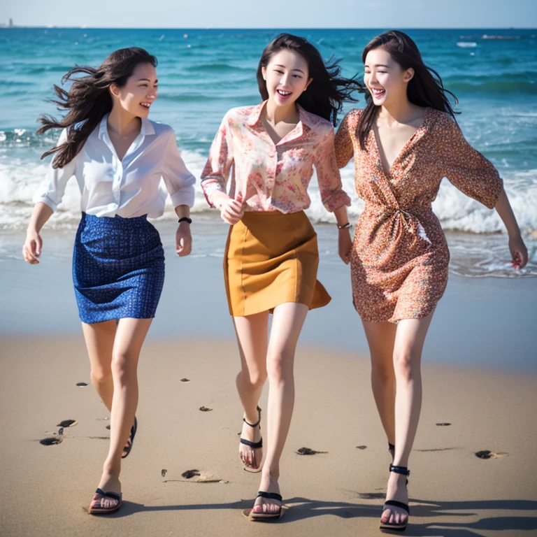 Photorealistic, 4k, let's put on our beach sandals and run out. The sound of the waves leads us to the sea. Three girls, 18 years old, outstanding proportions, printed shirts, skirts,Asahi、