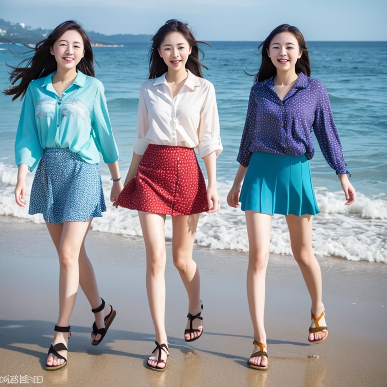 Photorealistic, 4k, let's put on our beach sandals and run out. The sound of the waves leads us to the sea. Three girls, 18 years old, outstanding proportions, printed shirts, skirts,Asahi、