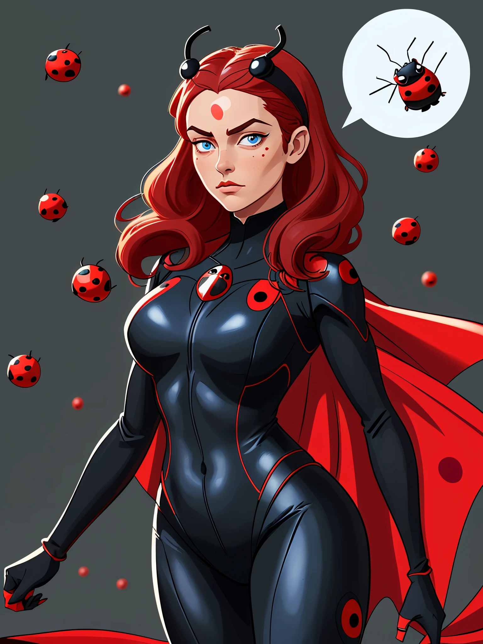 Art Nouveau masterpiece, best quality, 1 full-length girl, red hair. blue eyes, red suit with black ladybug dots, in skin tight clothes with red ladybug dots. with red boots with black dots, black hair, with two black antennae on his head like an insect, blue eyes, with an eye mask with black dots like a ladybug, a ladybug costume, with the word "LB" written on the chest, with a long cape on dots like a ladybug developing in the wind, dollars flying around the girl, in the background the Statue of Liberty in New York