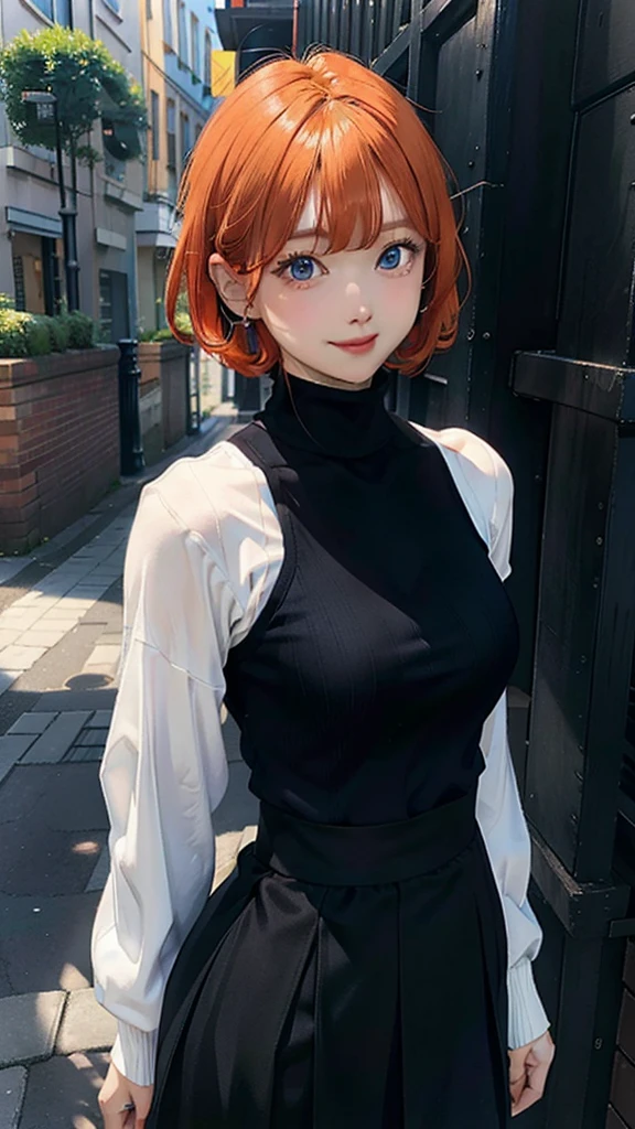 daeundef, orange hair, blue eyes, short hair, looking at viewer,
upper body, standing, arms at sides, turtleneck, long sleeves, black skirt, white shirt, smile, medium breasts,
masterpiece, best quality,