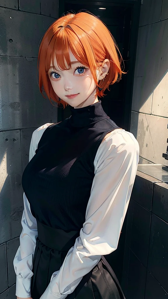 daeundef, orange hair, blue eyes, short hair, looking at viewer,
upper body, standing, arms at sides, turtleneck, long sleeves, black skirt, white shirt, smile, medium breasts, 
masterpiece, best quality,