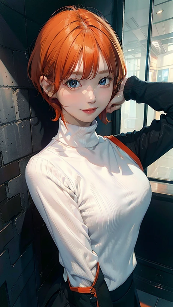 daeundef, orange hair, blue eyes, short hair, looking at viewer,
upper body, standing, arms at sides, turtleneck, long sleeves, black skirt, white shirt, smile, medium breasts, 
masterpiece, best quality,