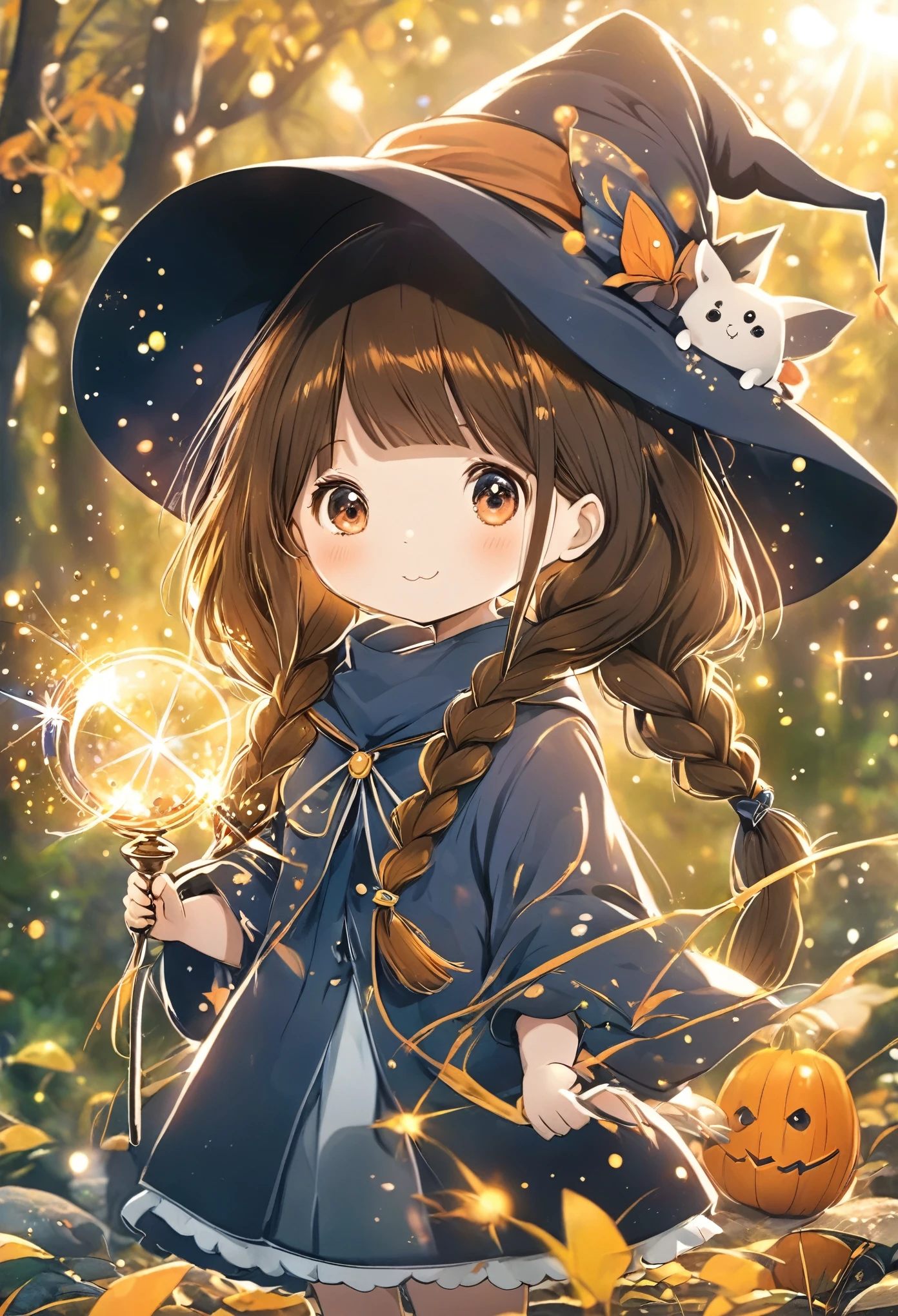 With brown twin braids、, Cute anime style Hagrid, a young witch, Anime cute art style, Marisa Kirisame, Witch Girl, Anime Characters, as an Anime Characters, Has magical powers, young wizard, Different world, holding a magic wand
