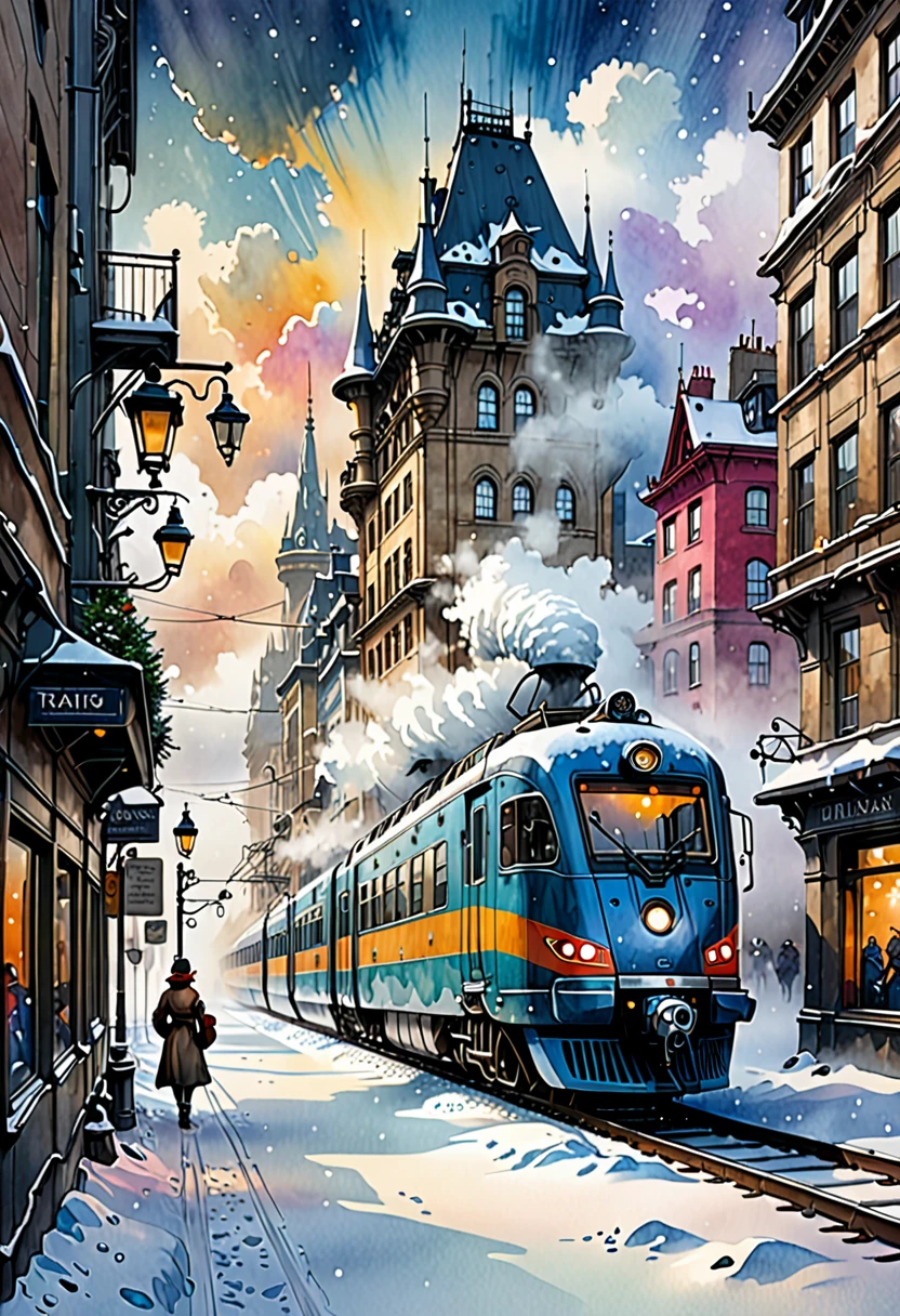 A mesmerizing watercolor and ink masterpiece inspired by Jean-Baptiste Monge, capturing a snow-fogged city on a snowy day. The large outside window view reveals a captivating scene of a magnificent futuristic train with intricate details and vibrant colors, dominating the foreground. The cityscape is rendered with dynamic, complex, and asymmetrical structures, creating a sense of depth and disorder. The background features an extra cloudy sky, and the overall atmosphere is fantastical and immersive. The artwork is rendered in 2½D with high-octane quality and final-quality font, showcasing sharp focus, detailed textures, and an extremely deep background. This vivid illustration and painting transport the viewer into a fantastical world, making it a true visual feast., painting, illustration, vibrant
