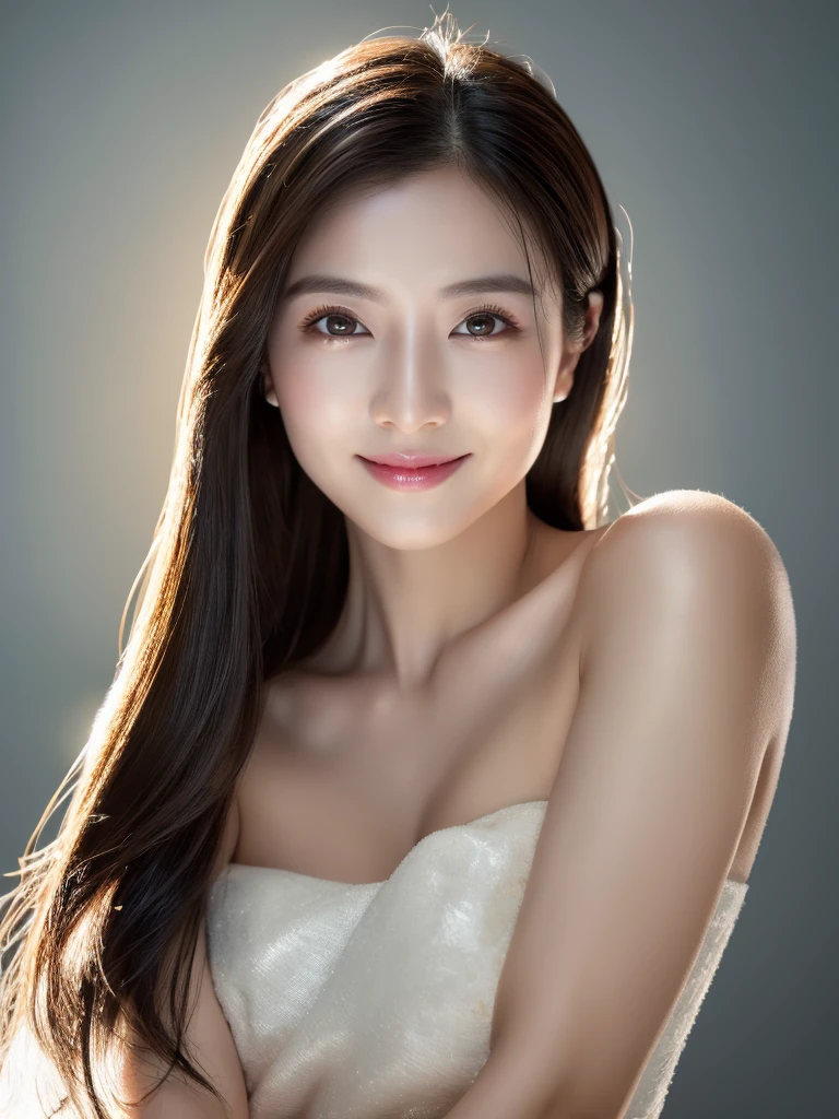 highest quality、8k Masterpiece、superA high resolution、(Photorealistic:1.3)、RAW Photos、1 girl、Black Hair、extremely detailed Glowing Skin、48 years old、Portrait、Global Illumination、Shadow、Octane Rendering、8k、Super sharp、Beautiful breastetal、Cold colors、Very intricate detailuch Light、CGSoation Trend、extremely detailed Beautiful Eyes、Shining Eyes、To the camera、Neon Details、extremely detailed Clear skin、long hair、smile、Featured on cosmetics website、Elegance、Photo Studio、short hair、naked、more lighting, photo painting, Picture-perfect, white skin
