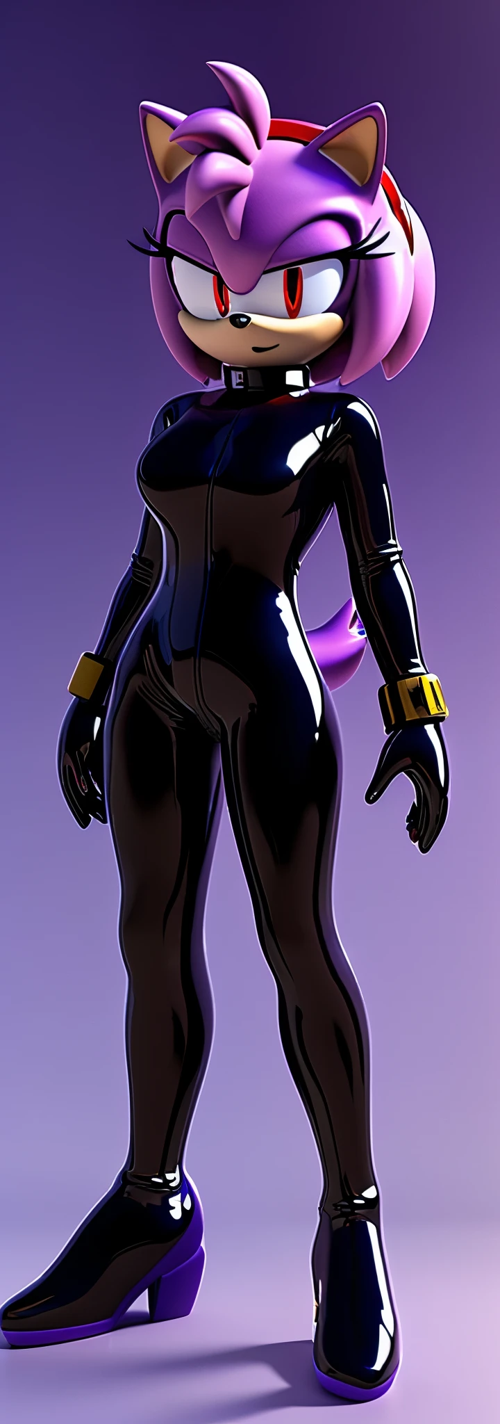 Solo, 1girl, full body image, rendered in SFM, ((sonic oc:1)), from sonic, high detail iconic character, in the new action-movie sonic, knothole forest, official render, 3d render official art, toon shader, ((female)), (((purple hedgehog))), ((shiny)) (medium purple fur:1.7), (((Amy rose style quills with gradient indigo tips1.6))), (((metallic purple eyeliner))) ((deep red eyes:1.5)), ((blank, emotionless expression)), ray trace 4 k, ray trace 4k, (((glossy black latex bodysuit:1.5)))