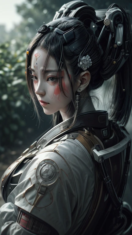 Science fiction, foto realista, cara de cerca, 1 mechanical girl, mechanical parts, cara mecanica, cara muy detallada, ojo mecanico, Some of the elements of the skin are mechanical., cyber, marioneta, geisha androide, vistiendo ropa tradicional japonesa y una sombrilla, elegant mix of japanese woman and mechanical robot, japanese geisha androide, ropa tradicional de geisha, belleza mecanica geisha, peinado de geisha, Portrait of a mechanical geisha., mechanical parts, cara mecanica, manos mecanicas, visible mechanical element (cuerpo mecanico,brazos mecanicos :1.4), rostro primer plano disparo profundidad de campo, film grain, foto cruda