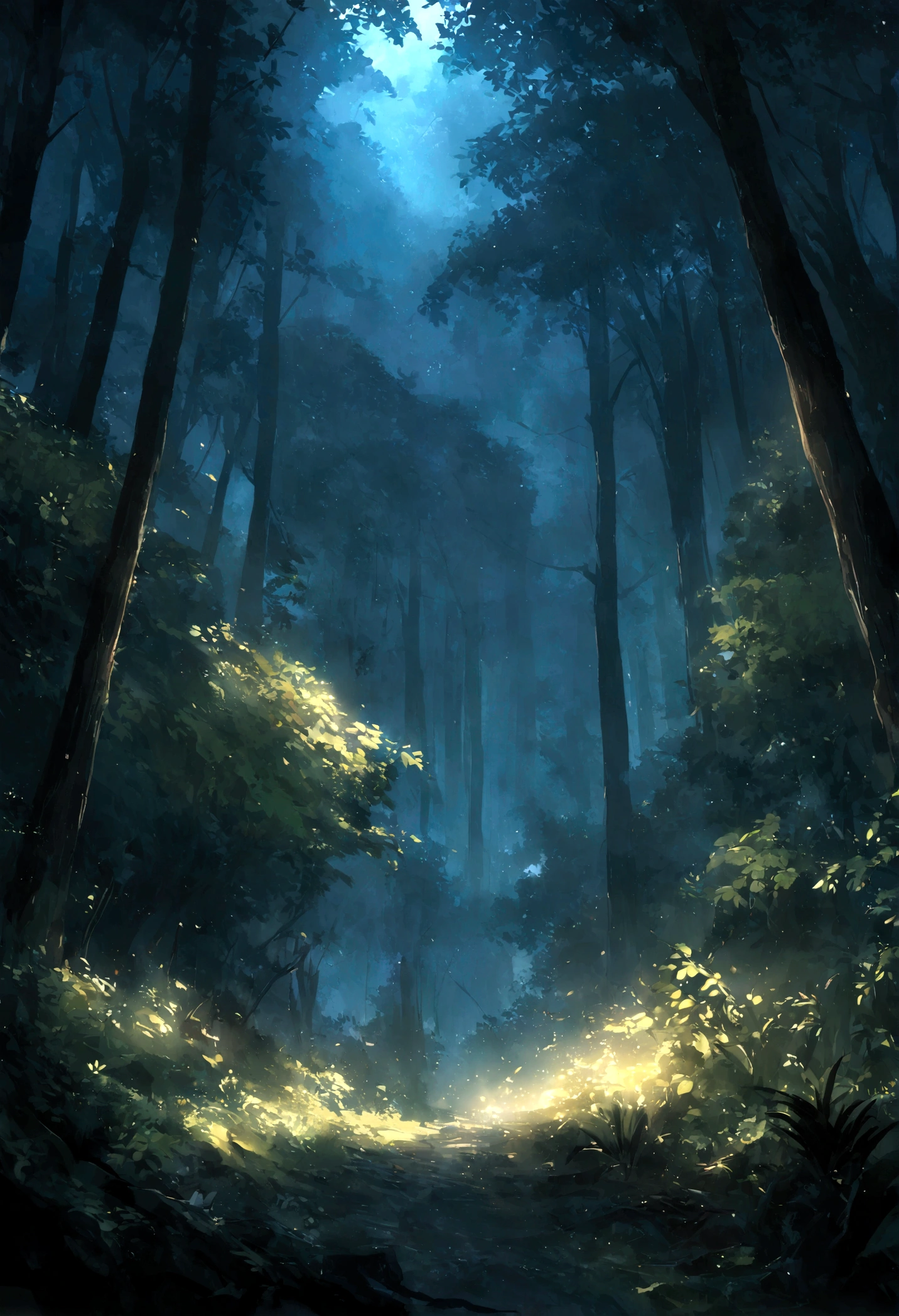 Closed forest environment background at night. Glibli studio style and MIR studio
