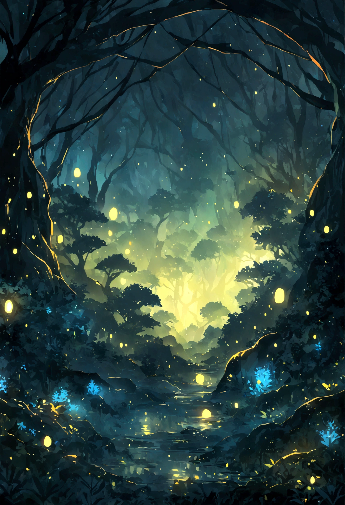 Closed forest environment background at night. Glibli studio style and MIR studio