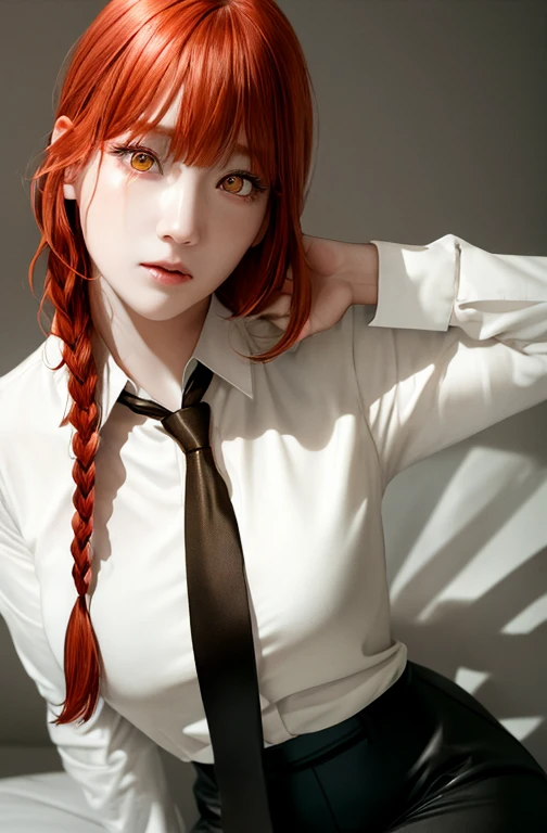 masterpiece, (Realistic:1.4), highest quality, Beautiful lighting,
(Ulzzang-6500:0.5), hand \(Chainsaw Man\), (Redhead)+(Long braided hair)+(bangs), Yellow Eyes, Golden Eyes, ((The eyes are round)), (White shirt), (tie),
RAW Photos, 8K Ultra HD, Film Grain