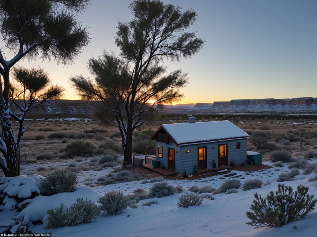 Winter landscape on the Karoo, small home surrounded by small trees and bushes, sunrise, no snow, 