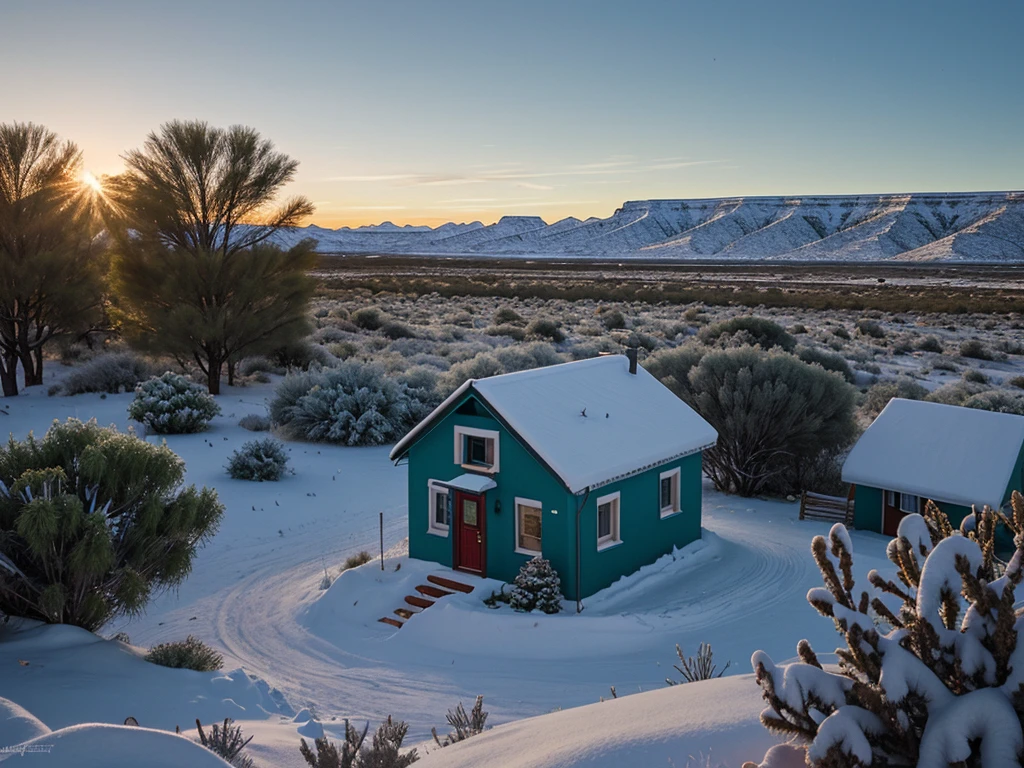 Winter landscape on the Karoo, small home surrounded by small trees and bushes, sunrise, no snow,