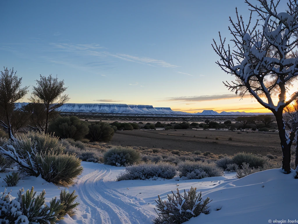 Winter landscape on the Karoo, small home surrounded by small trees and bushes, sunrise, no snow,
