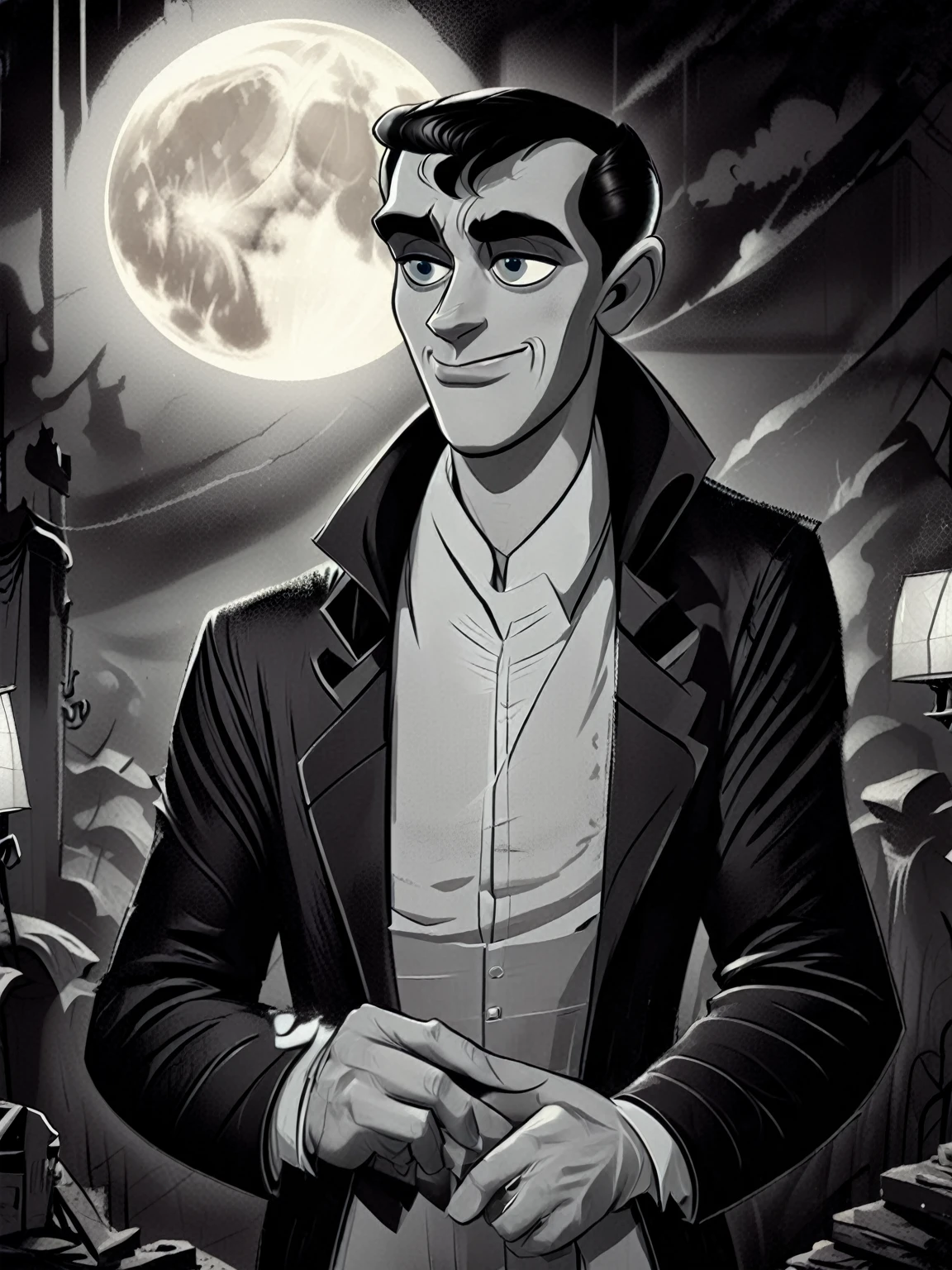 Black and white retro cartoon of waist and torso, Count Dracula, the vampire, Looking sharply at the viewer，Exudes the authority of an emperor,  Sharp cheekbones and chiseled jawline, Pale skin contrasts with dark hair, Messy waves fell on his face, Castle interior, Action Shots, Dynamic poses, midnight, Full Moon,   